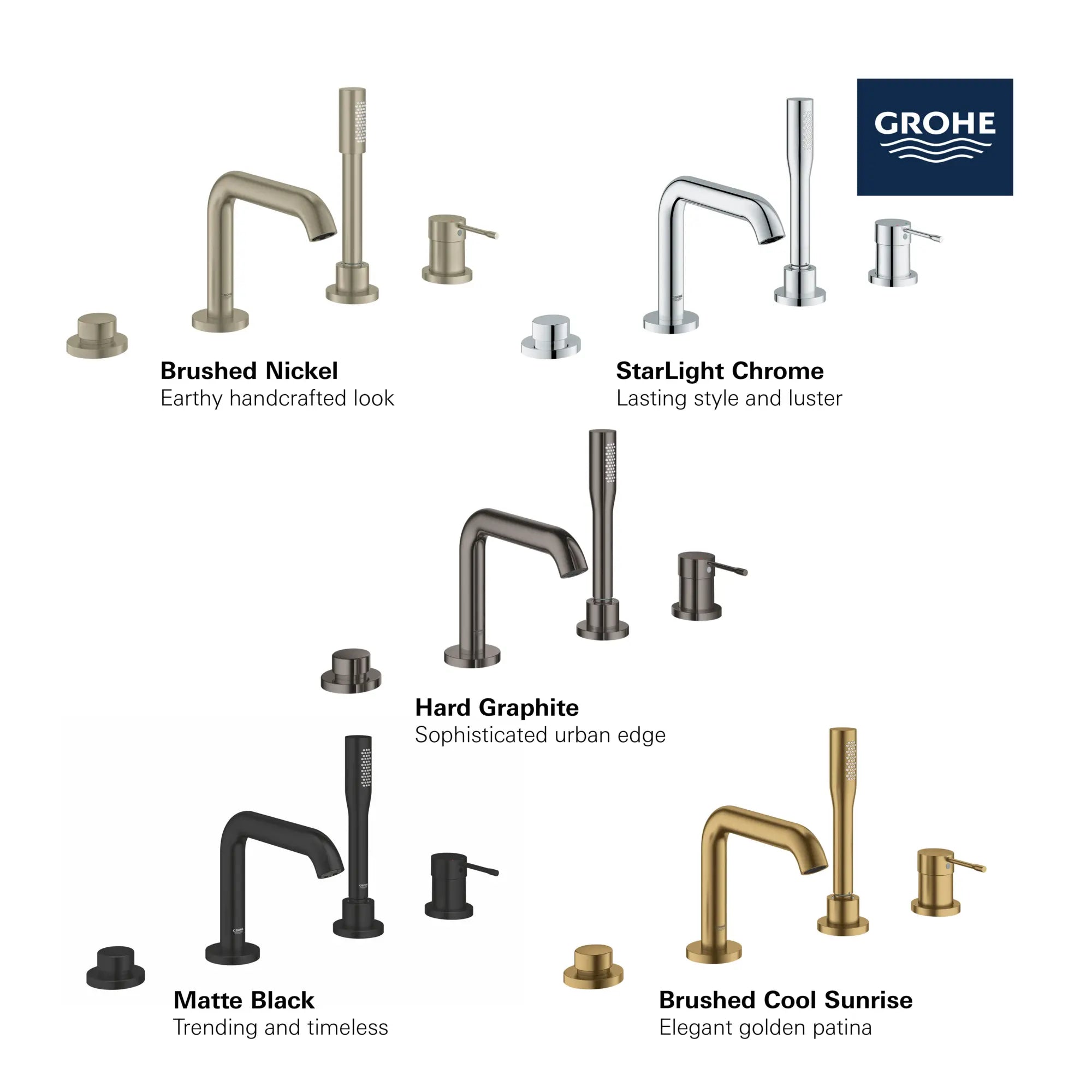 Robinet de baignoire Roman sur tablier à 4 trous, à levier unique et à douchette de 6,6 l/min (1,75 gpm) // CHROME STARLIGHT GROHE // 68656_GROHE_Essence_Bath_Showers_19578_A_Info_3_0_CDNwebp.webp