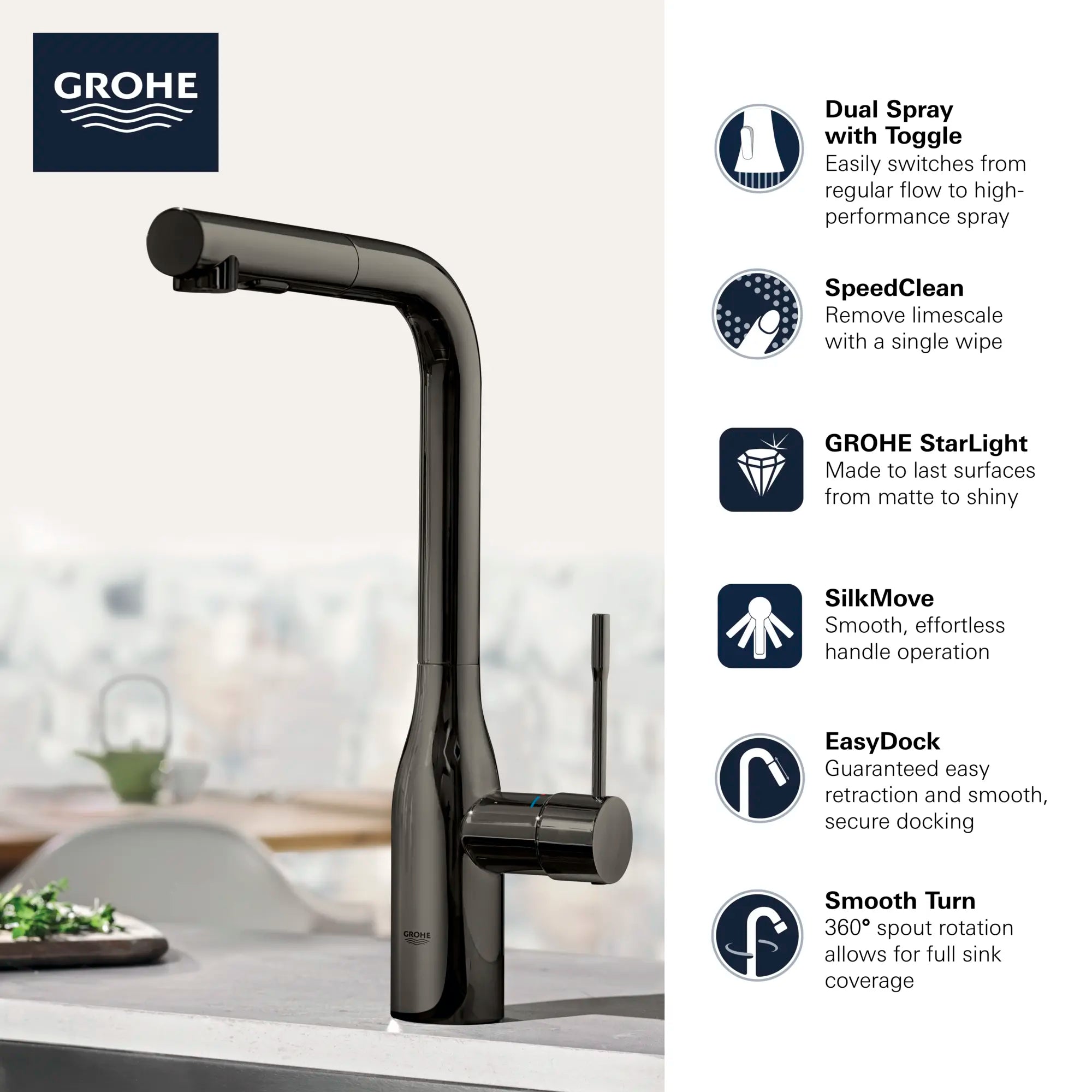 Robinet de cuisine rétractable à poignée simple et double jet 6,6 L/min (1,75 gpm) // CHROME STARLIGHT GROHE // 68708_GROHE_Infographics_EssenceNew_Kitchen_30271_F1_0_CDNwebp.webp