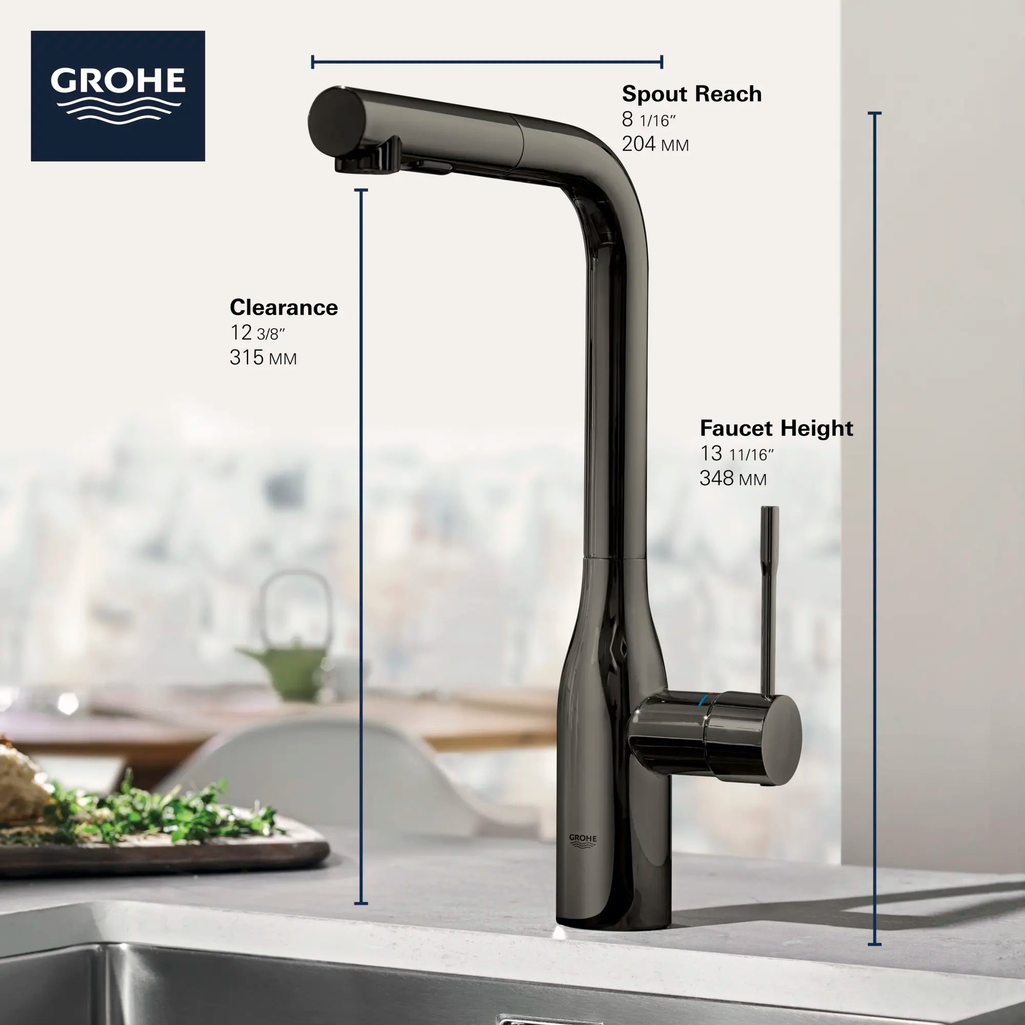 Robinet de cuisine rétractable à poignée simple et double jet 6,6 L/min (1,75 gpm) // CHROME STARLIGHT GROHE // 68710_GROHE_Infographics_EssenceNew_Kitchen_30271_F2_0_CDNwebp.webp