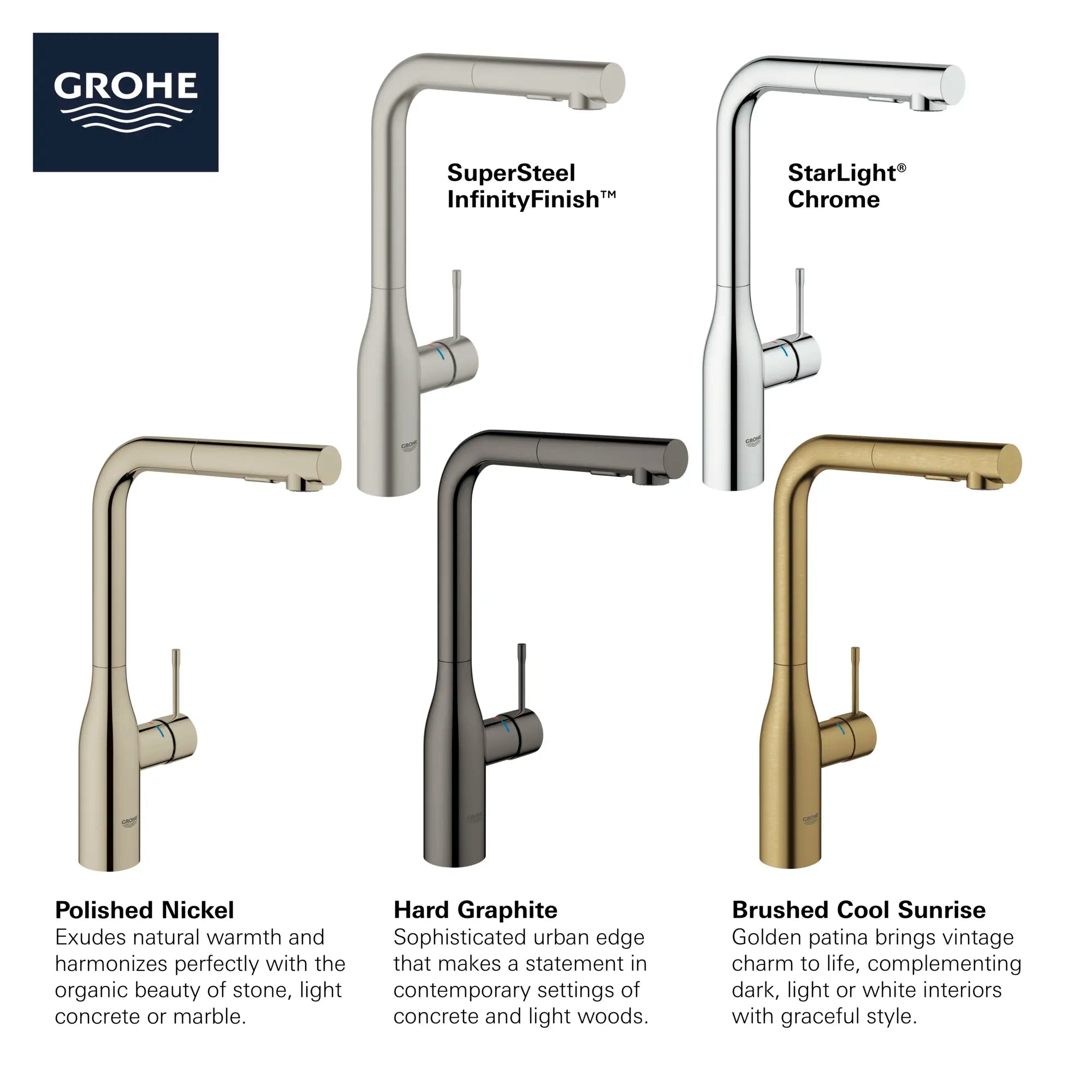 Robinet de cuisine rétractable à poignée simple et double jet 6,6 L/min (1,75 gpm) // CHROME STARLIGHT GROHE // 68712_GROHE_Infographics_EssenceNew_Kitchen_30271_F3_0_CDNwebp.webp