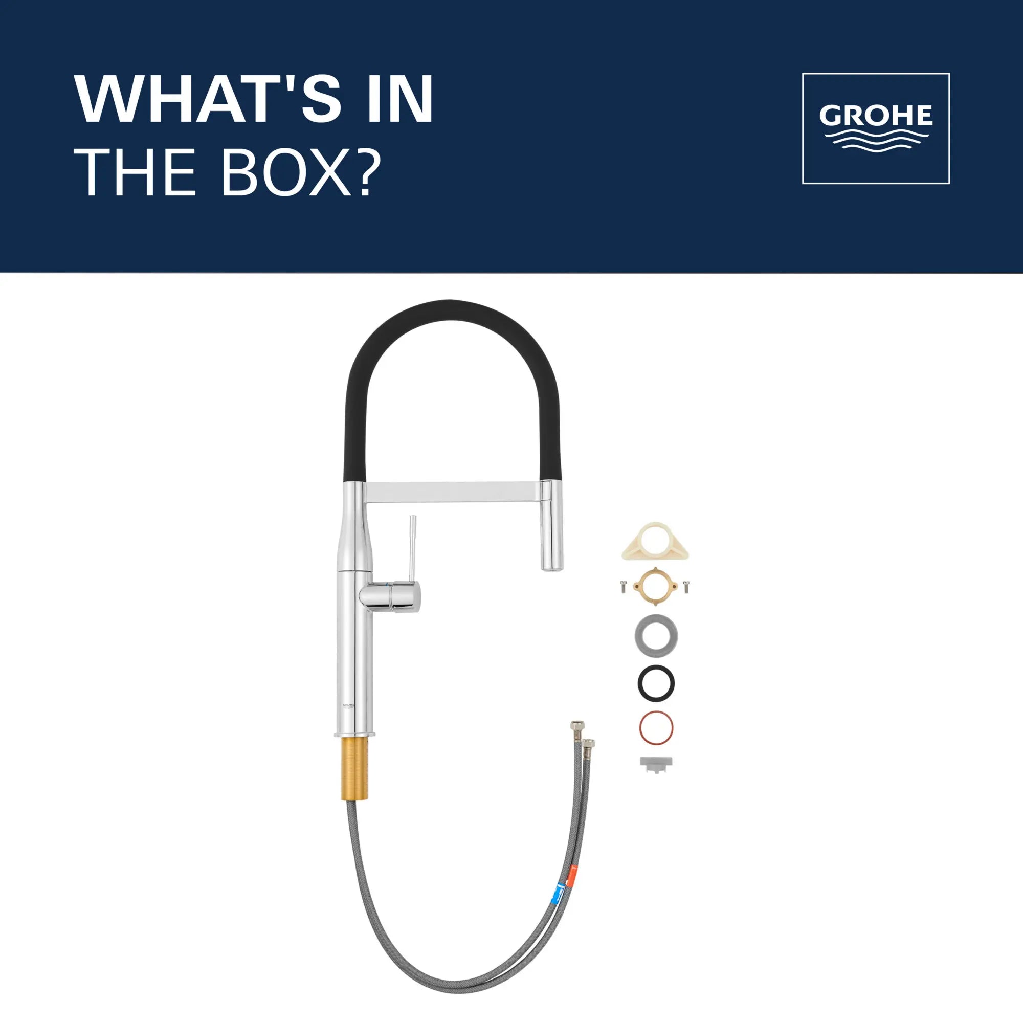 Robinet de cuisine semi-pro à poignée simple et double jet 6,6 L/min (1,75 gpm) // CHROME STARLIGHT GROHE // 68714_2021_GROHE_Essence_WhatsintheBox_30295_0_Infographics_1_0_CDNwebp.webp