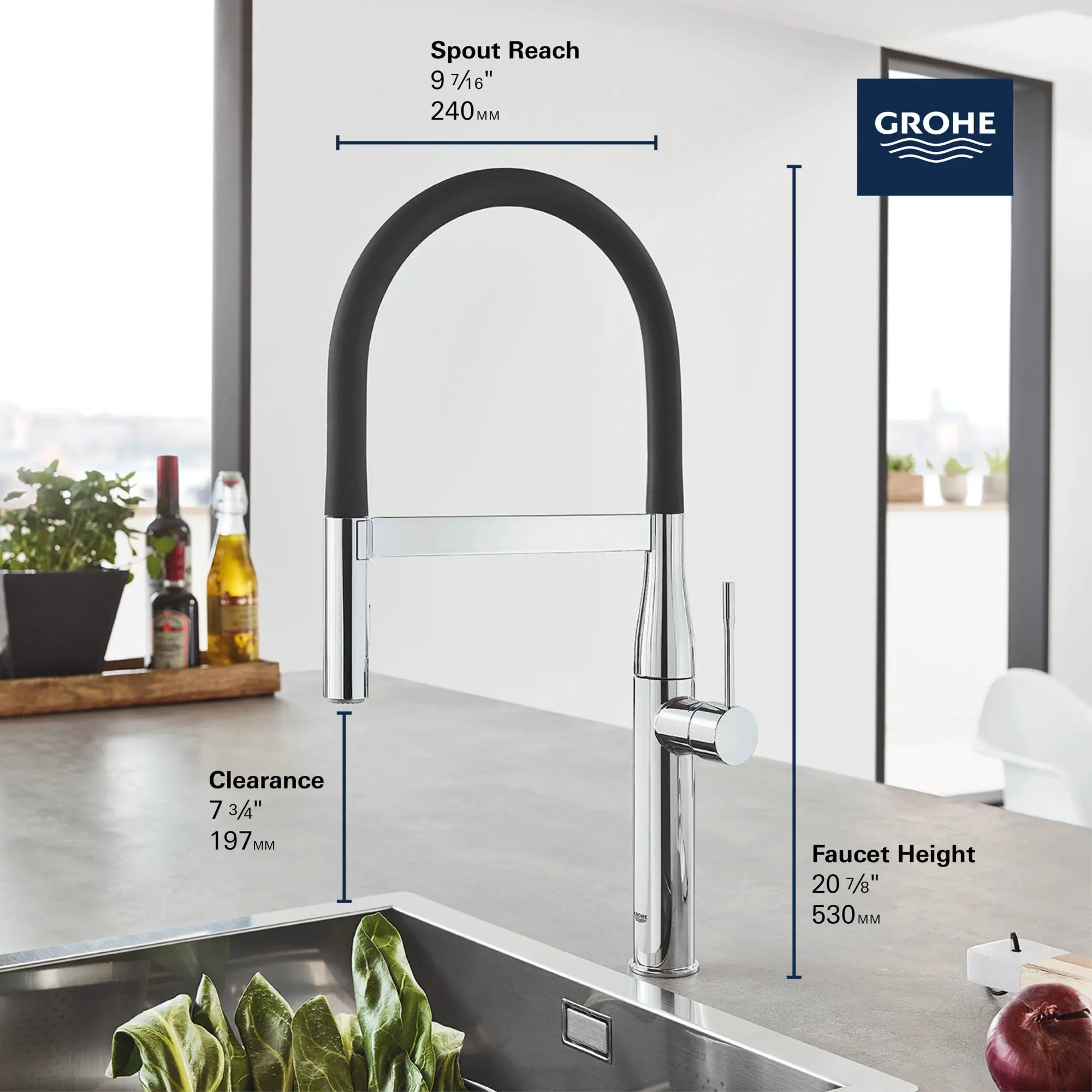 Robinet de cuisine semi-pro à poignée simple et double jet 6,6 L/min (1,75 gpm) // CHROME STARLIGHT GROHE // 68719_GROHE_Infographics_30295_0_EssenceSemi-Pro_Kitchen_2_0_CDNwebp.webp