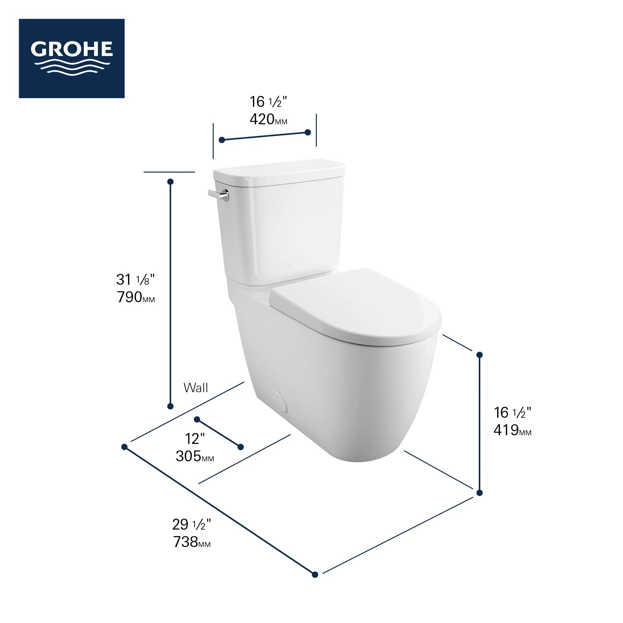 Toilette allongée en deux pièces, Hauteur idéale avec chasse double et siège inclus, 4,8 lpc (1,28 gpc) // LEFT / BLANC ALPIN // 68729_GROHE_Essence_Toilet_39675000_Infographic_2_0_CDNwebp.webp