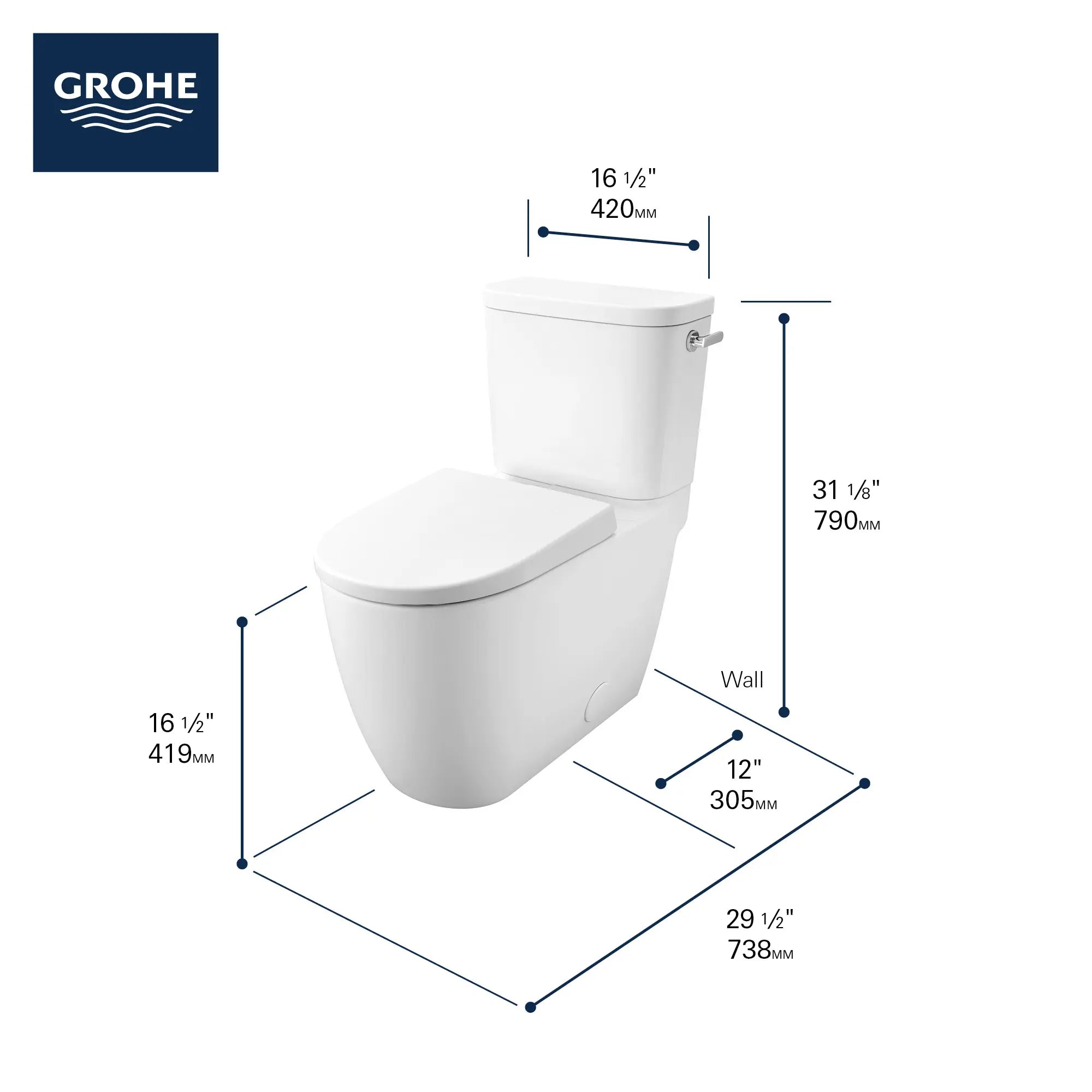 Toilette allongée en deux pièces, Hauteur idéale avec levier à droite et siège inclus, 4,8 lpc (1,28 gpc) // RIGHT / BLANC ALPIN // 68731_GROHE_Essence_Toilet_39676000_Infographic_2_0_CDNwebp.webp