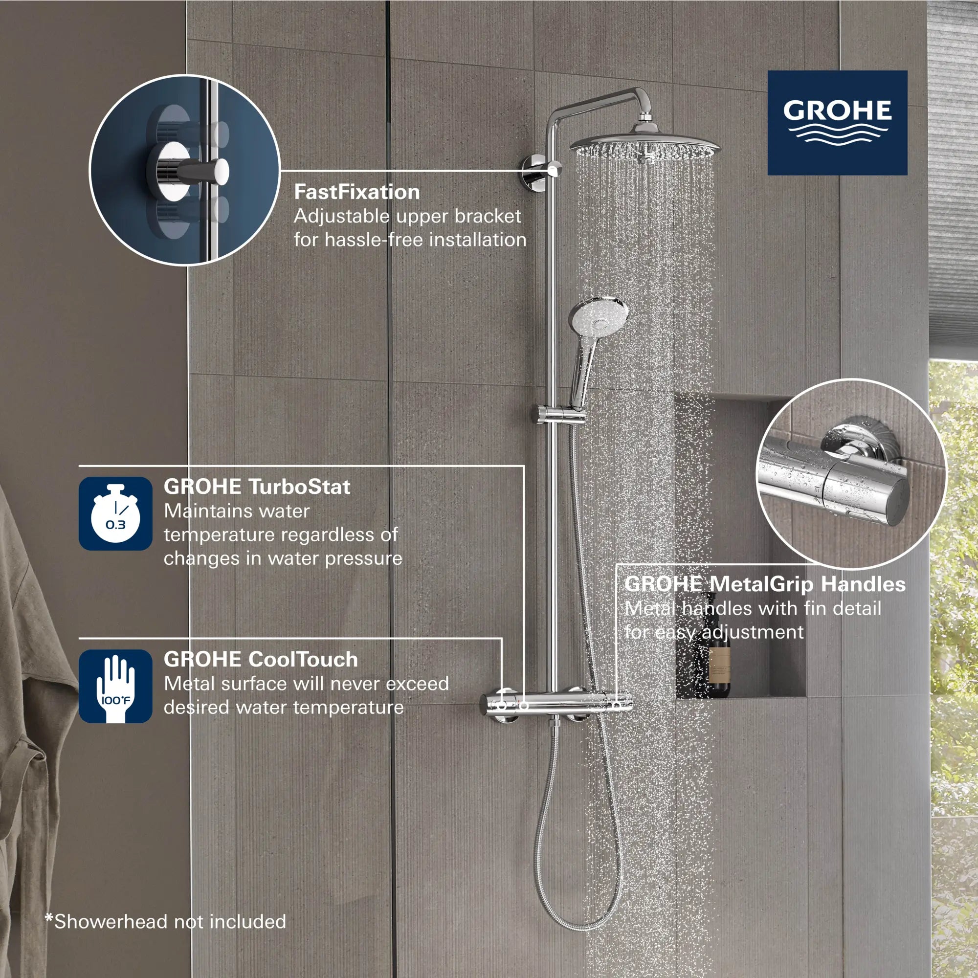 Système de douche thermostatique dote de la technologie CoolTouch // CHROME STARLIGHT GROHE // 68742_GROHE_Euphoria_Shower_26728_0_Infographics_1_0_CDNwebp.webp