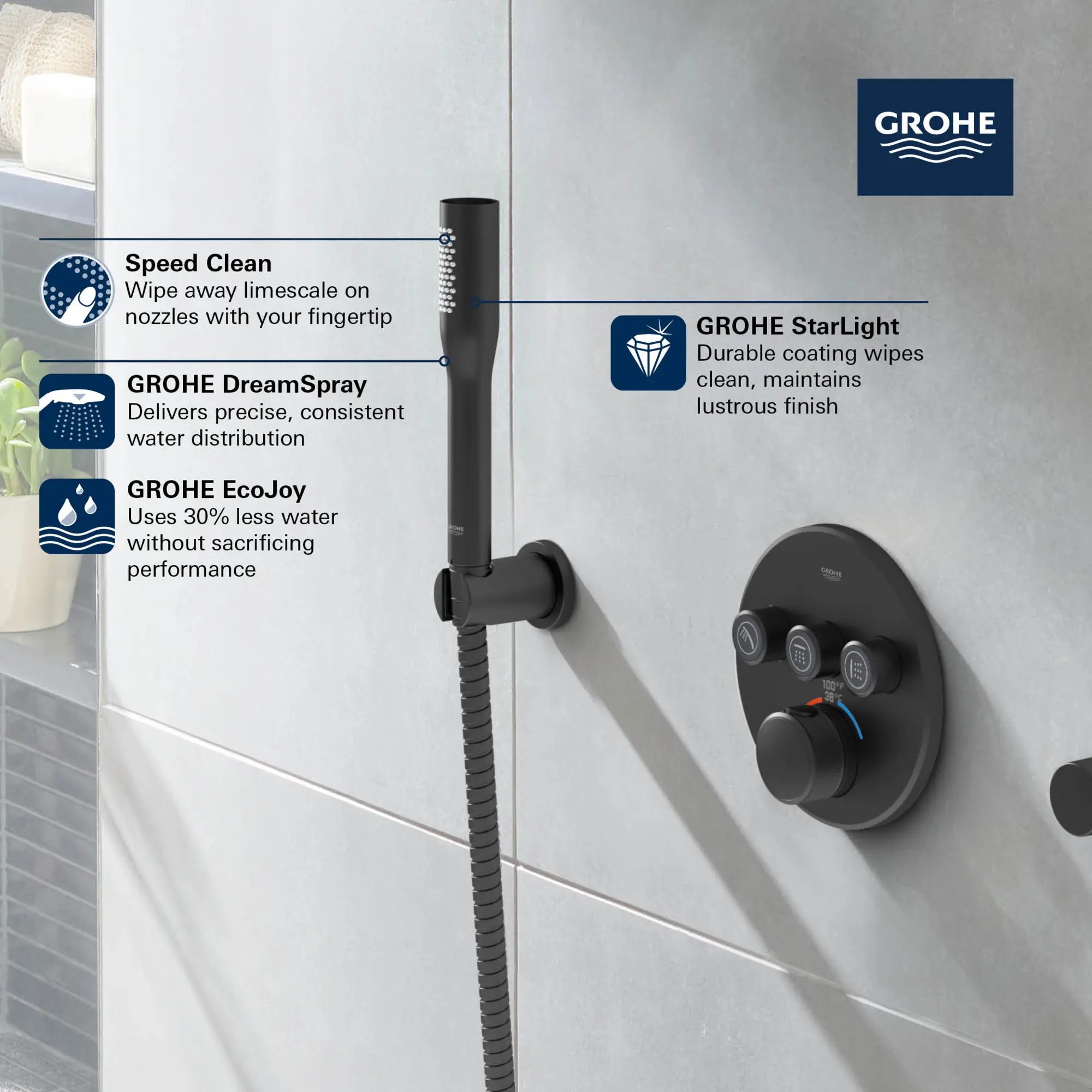 Douchette - 1 jet, 6,6 L/min (1,75 gpm) // CHROME STARLIGHT GROHE // 68758_GROHE_Matte_Black_Launch_Euphoria_Cosmopolitan_Stick_Hand_Shower_26466_0_Info_1_0_CDNwebp.webp