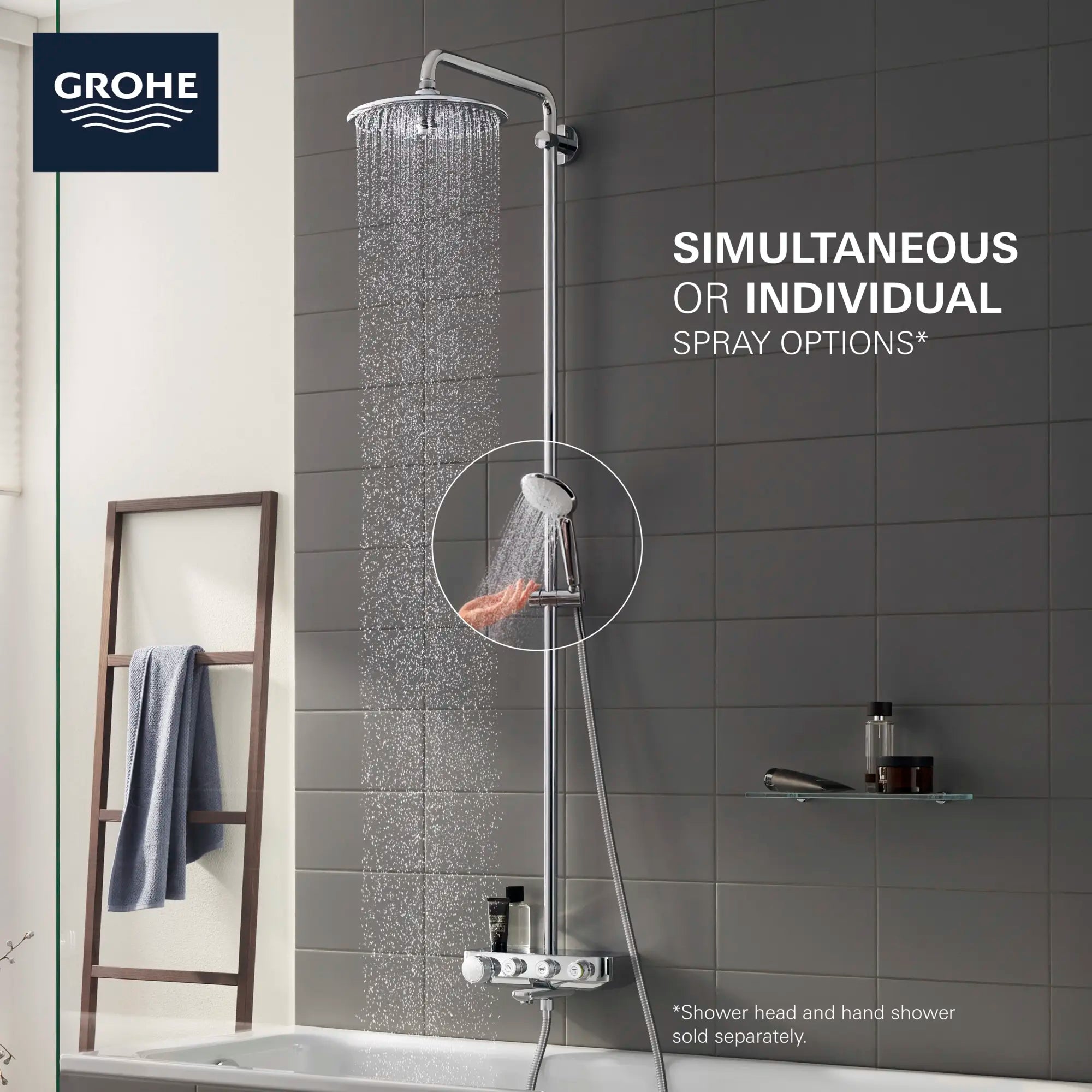 Euphoria SmartControl GROHE Système de baignoire/douche // CHROME STARLIGHT GROHE // 68778_2018_GROHE_InfoGraphic_EuphoriaSmartControl_handshower2_0_CDNwebp.webp