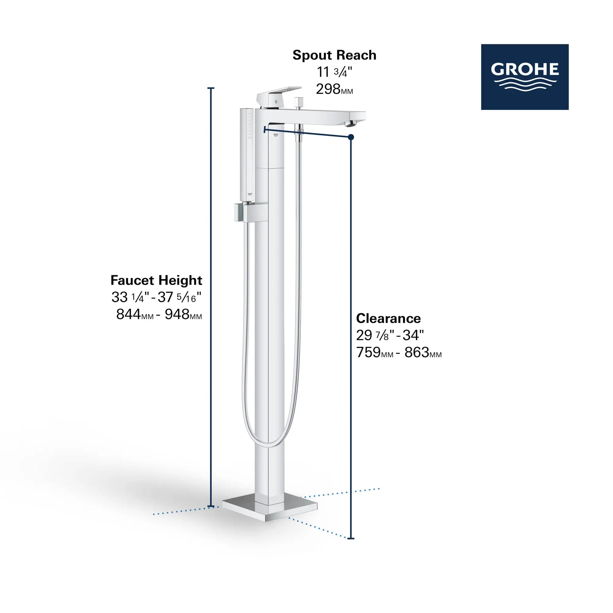 Robinet de baignoire autoportant à poignée simple avec douchette à 6,6 L/min (1,75 gpm) // CHROME STARLIGHT GROHE // 68785_GROHE_Eurocube_Bath_FST_Tub_Filler_23672_1_Infographics_2_0_CDNwebp.webp