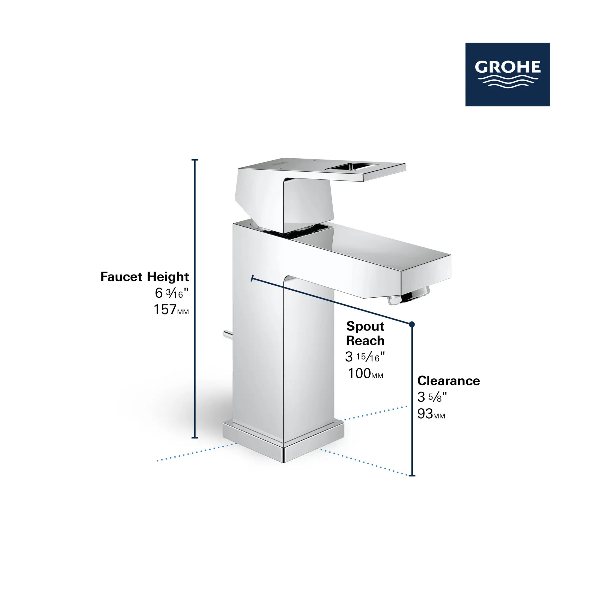 Robinet monotrou pour salle de bain, à poignée simple, taille P, 4,5 L/min (1,2 gpm) // CHROME STARLIGHT GROHE // 68786_GROHE_Eurocube_Bath_SingleHole_23129_A_Infographics_2_0_CDNwebp.webp