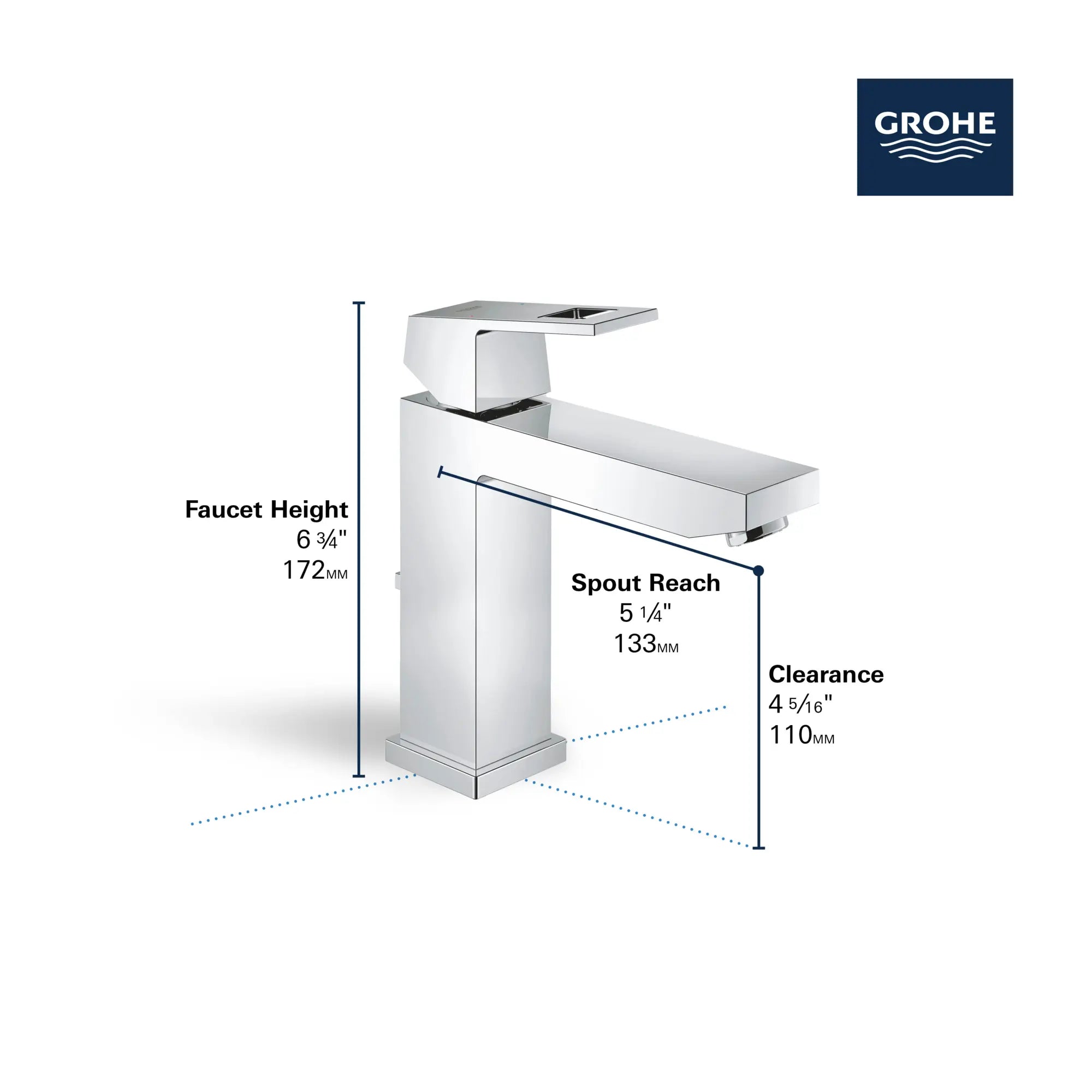 Robinet monotrou pour salle de bain, à poignée simple, taille M, 4,5 L/min (1,2 gpm) // CHROME STARLIGHT GROHE // 68790_GROHE_Eurocube_Bath_SingleHole_23670_0_Infographics_2_0_CDNwebp.webp