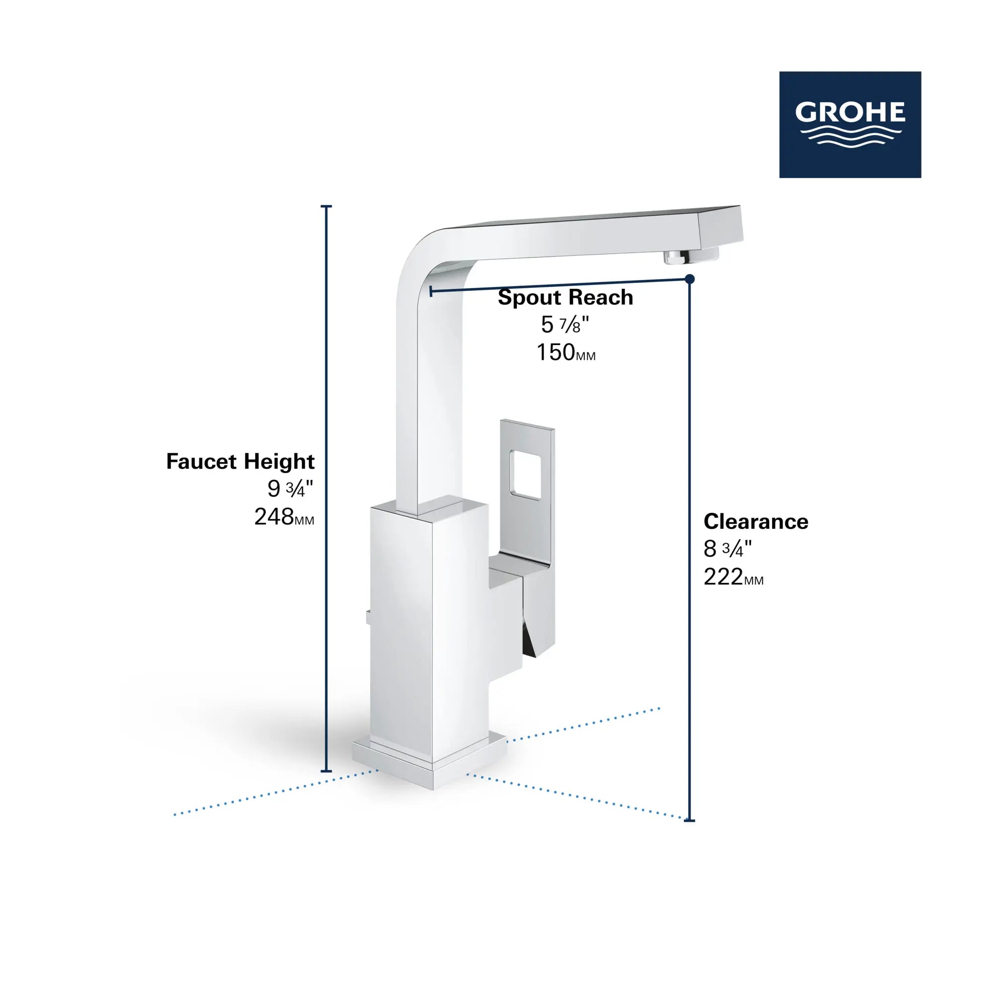 Robinet monotrou pour salle de bain, à poignée simple, taille G, 4,5 L/min (1,2 gpm) // CHROME STARLIGHT GROHE // 68792_GROHE_Eurocube_Bath_SingleHole_23184_A_Infographics_2_0_CDNwebp.webp