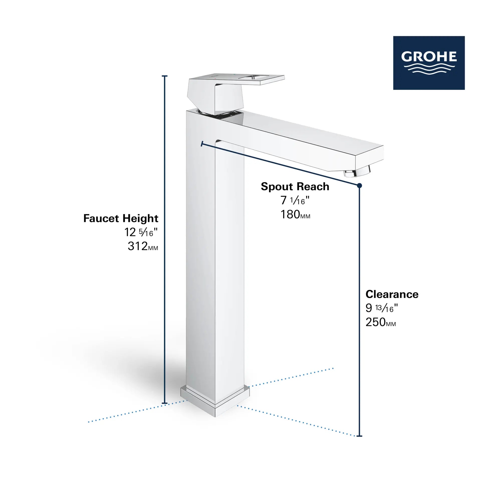 Robinet monotrou pour vasque, à poignée simple, 4,5 L/min (1,2 gpm) // CHROME STARLIGHT GROHE // 68798_GROHE_Eurocube_Bath_Vessel_23671_0_Infographics_2_0_CDNwebp.webp
