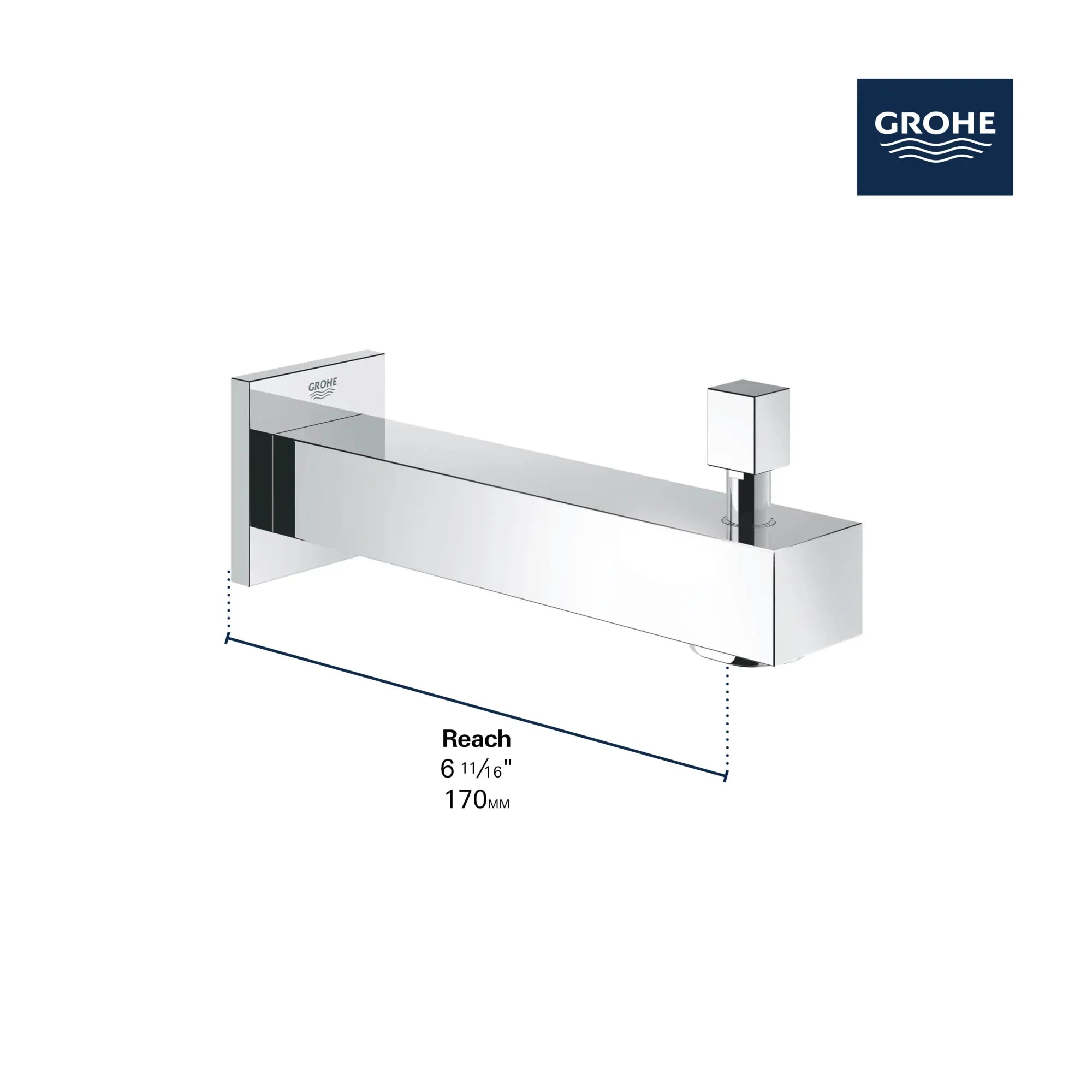 Bec de baignoire de 6 11?16 po avec inverseur // CHROME STARLIGHT GROHE // 68817_GROHE_Eurocube_Tub_Spout_Dimensional_13307_0_Infographics_1_0_CDNwebp.webp