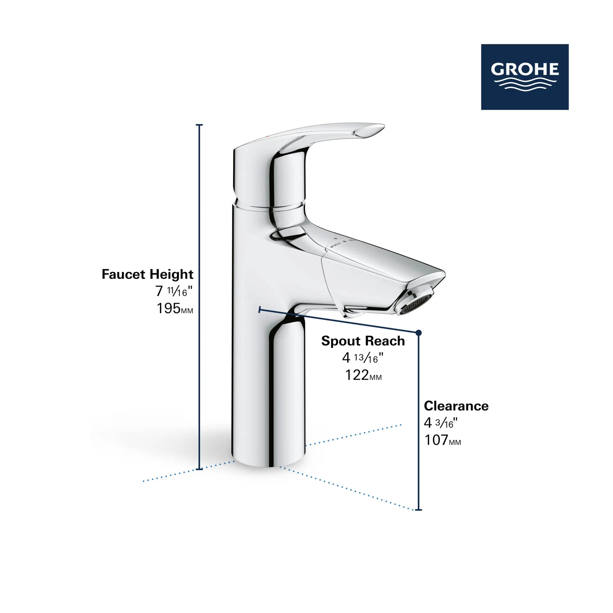 ROBINET DE SALLE DE BAINS AMOVIBLE MONOTROU À POIGNÉE UNIQUE DE TAILLE MOYENNE, 4,5 L/MIN (1,2 GPM) // CHROME STARLIGHT GROHE // 68849_GROHE_Eurosmart_Bath_Single_Handle_Faucets_23991_3_Infographics_2_0_CDNwebp.webp