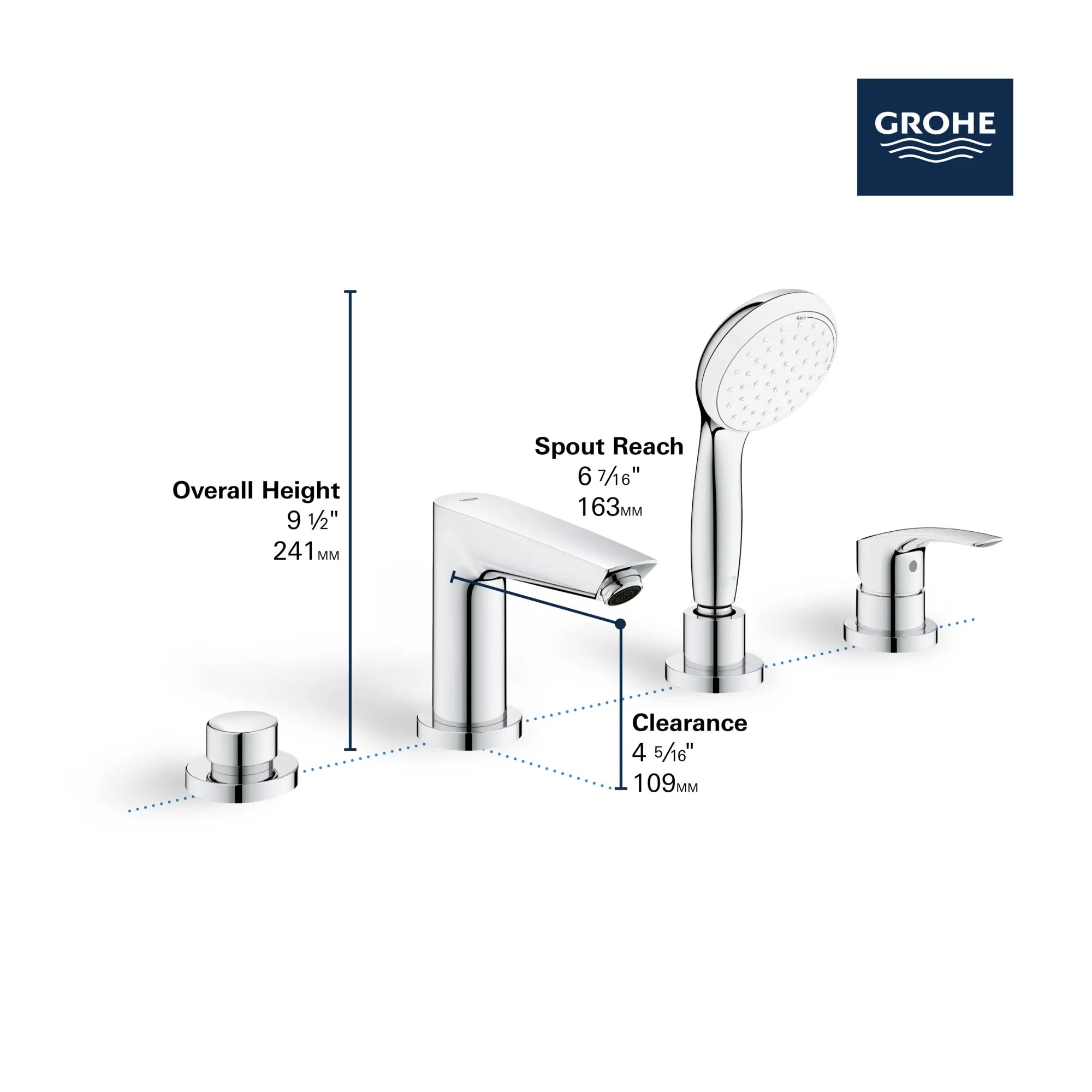 Robinet de baignoire Roman sur tablier à 4 trous, à levier unique et à douchette de 1,75 GPM // CHROME STARLIGHT GROHE // 68863_GROHE_Eurosmart_Bath_Tub_Filler_25245_3_Infographics_2_0_CDNwebp.webp