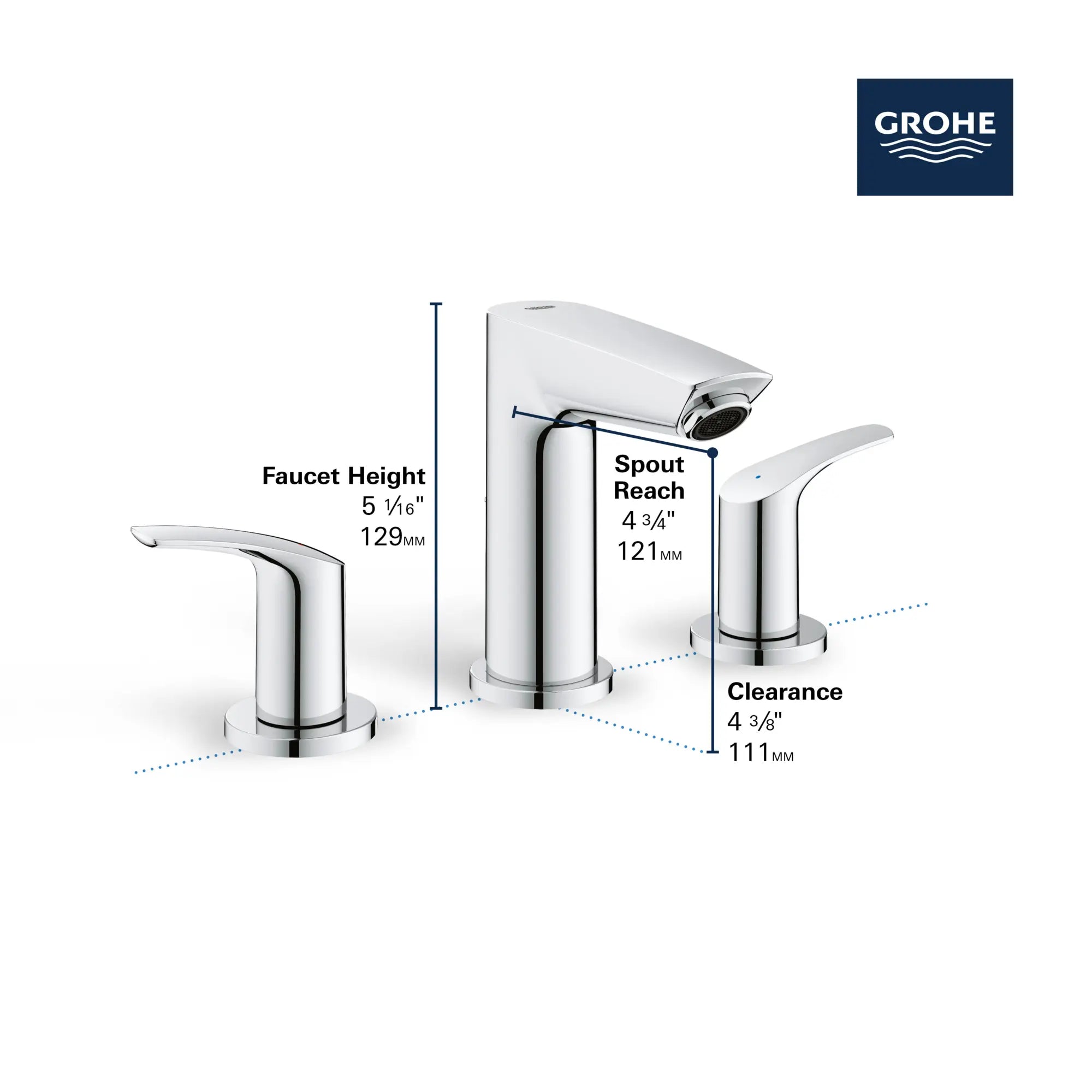Robinet de salle de bains à deux poignées espacées de 8 po, taille P, 4,5 L/min (1,2 gpm) // CHROME STARLIGHT GROHE // 68864_GROHE_Eurosmart_Bath_Widespread_Faucet_20294_3_Infographics_2_0_CDNwebp.webp