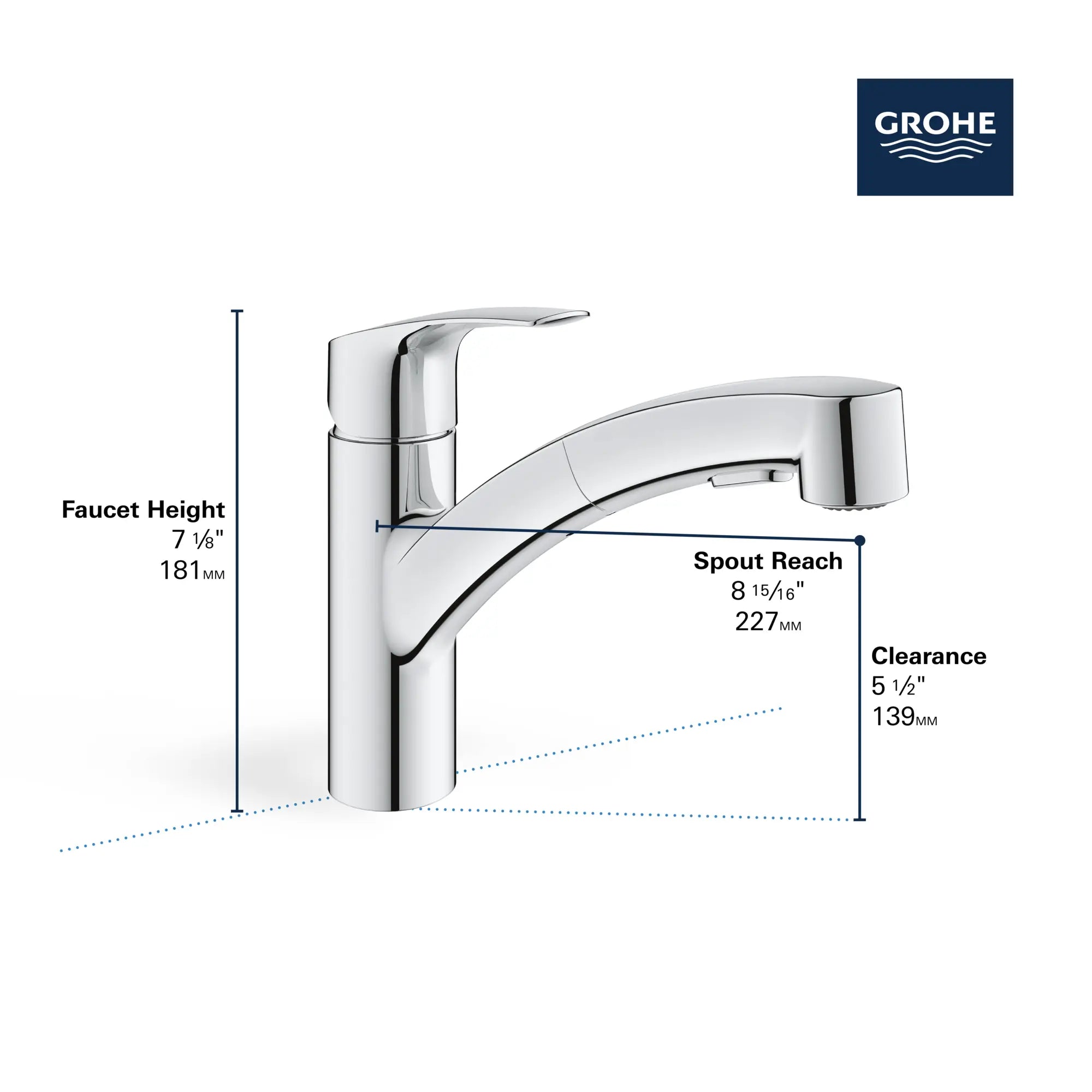 Robinet de cuisine amovible à pulvérisateur double et à poignée unique // CHROME STARLIGHT GROHE // 68877_2021_GROHE_Eurosmart_Kitchen_30306_Infographics_2_0_CDNwebp.webp