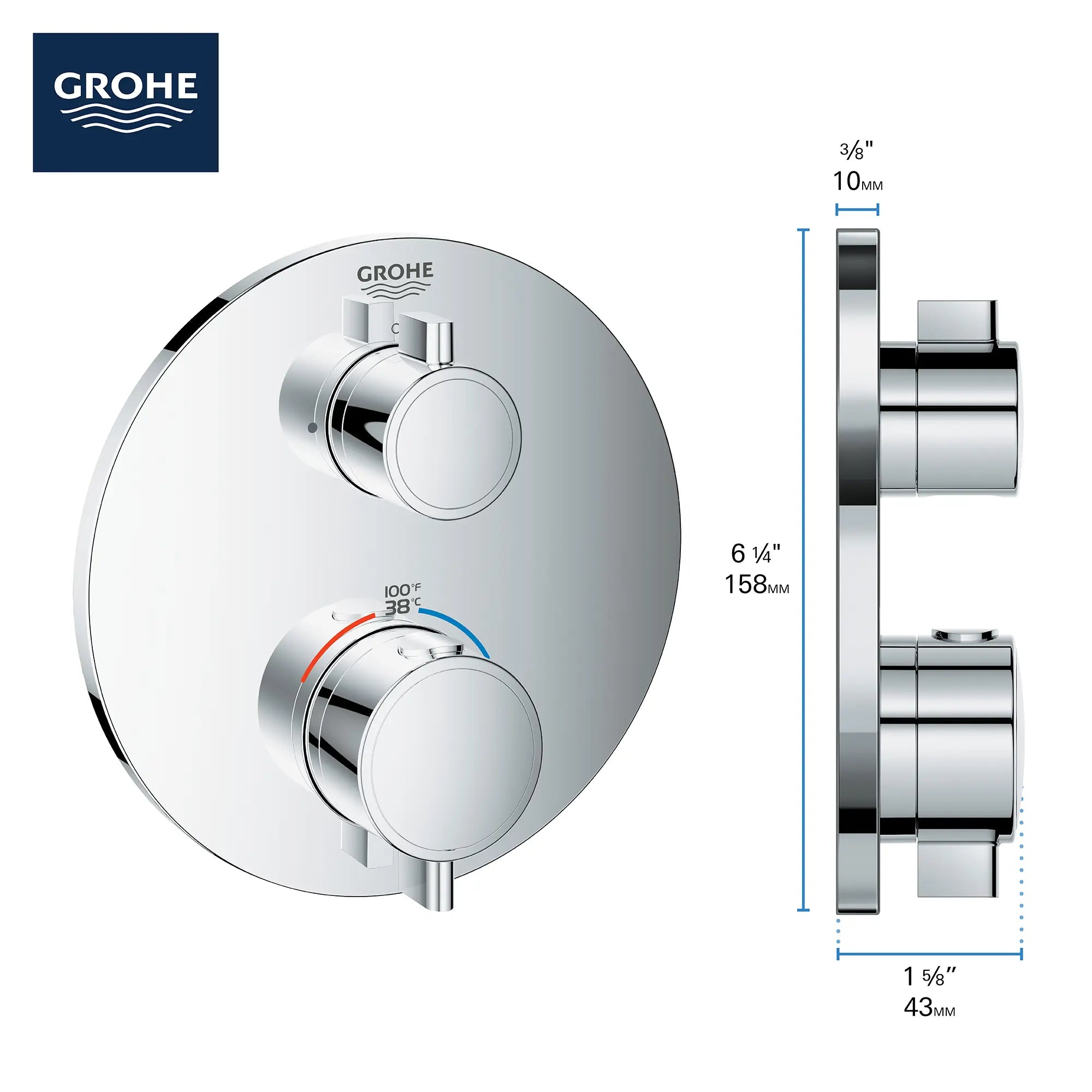 Garniture de valve thermostatique à fonction simple, 2 poignées // CHROME STARLIGHT GROHE // 68920_GROHE_Info_Grohtherm_2handle_Thermo_24107_Round_Single_1_0_CDNwebp.webp