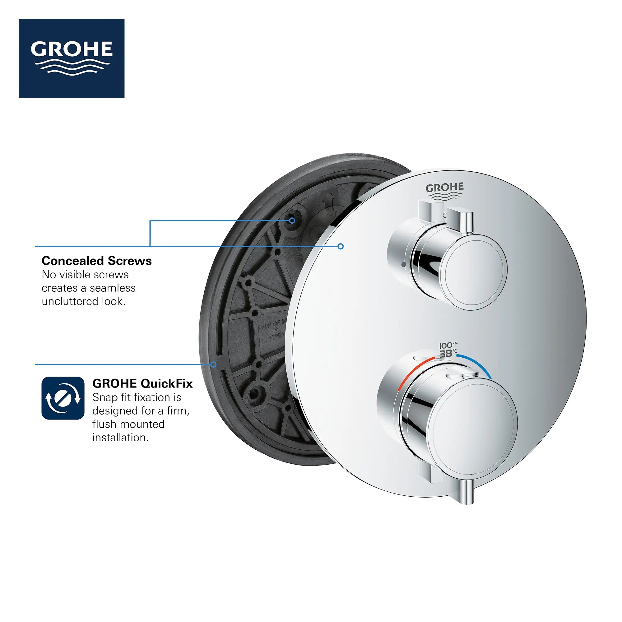 Garniture de valve thermostatique à fonction simple, 2 poignées // CHROME STARLIGHT GROHE // 68929_GROHE_Info_Grohtherm_2handle_Thermo_24107_Round_Single_3_0_CDNwebp.webp