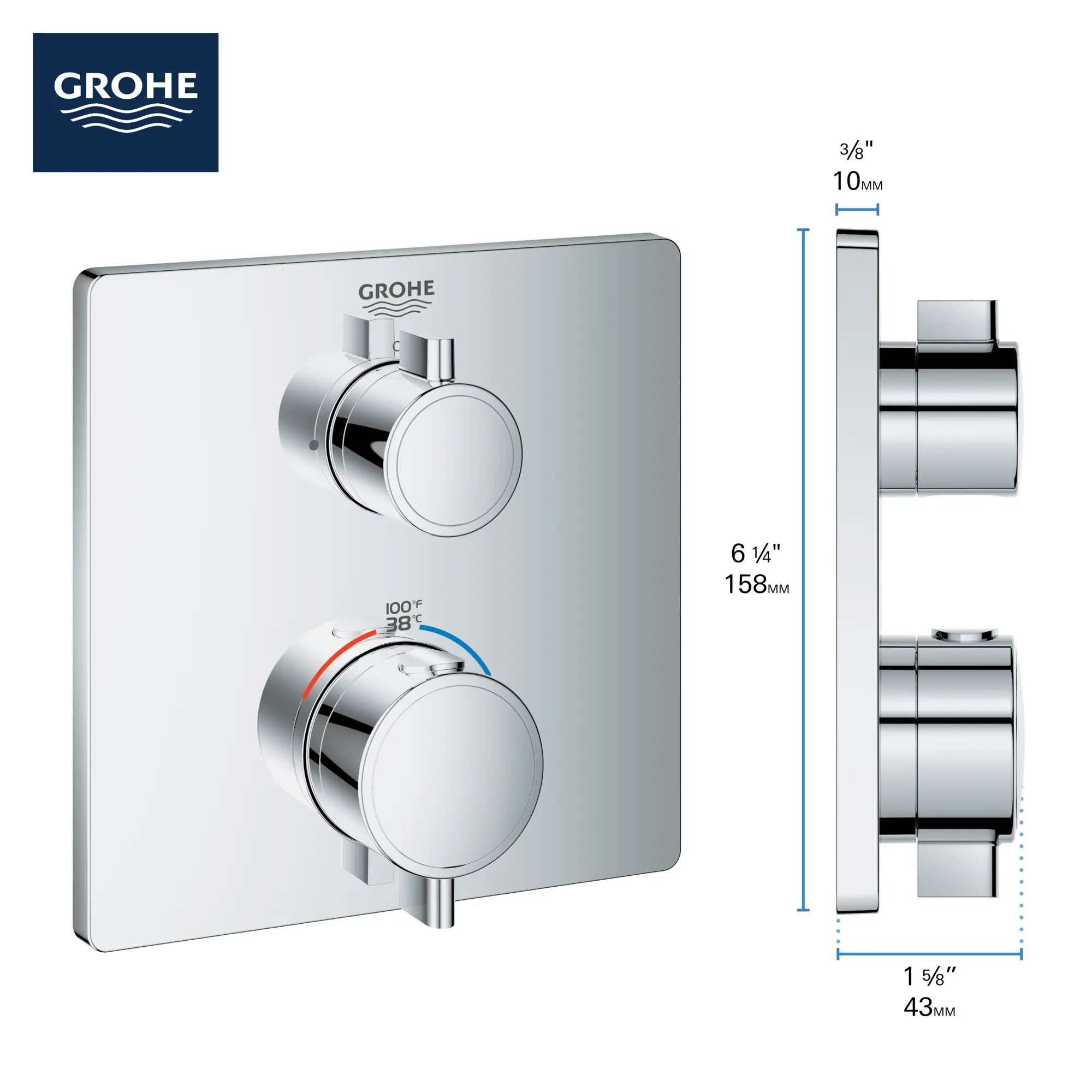 Garniture de valve thermostatique à fonction simple, 2 poignées // CHROME STARLIGHT GROHE // 68937_GROHE_Info_Grohtherm_2handle_Thermo_24110_Square_Single_1_0_CDNwebp.webp