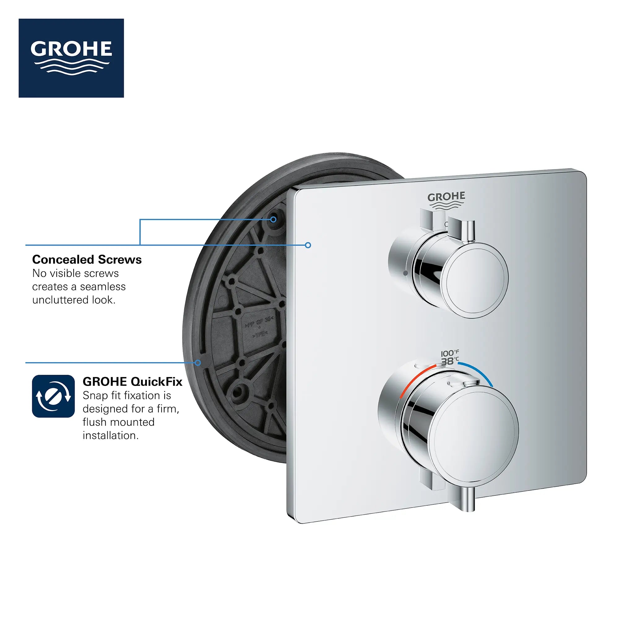 Garniture de valve thermostatique à fonction simple, 2 poignées // CHROME STARLIGHT GROHE // 68938_GROHE_Info_Grohtherm_2handle_Thermo_24110_Square_Single_3_CDNwebp.webp