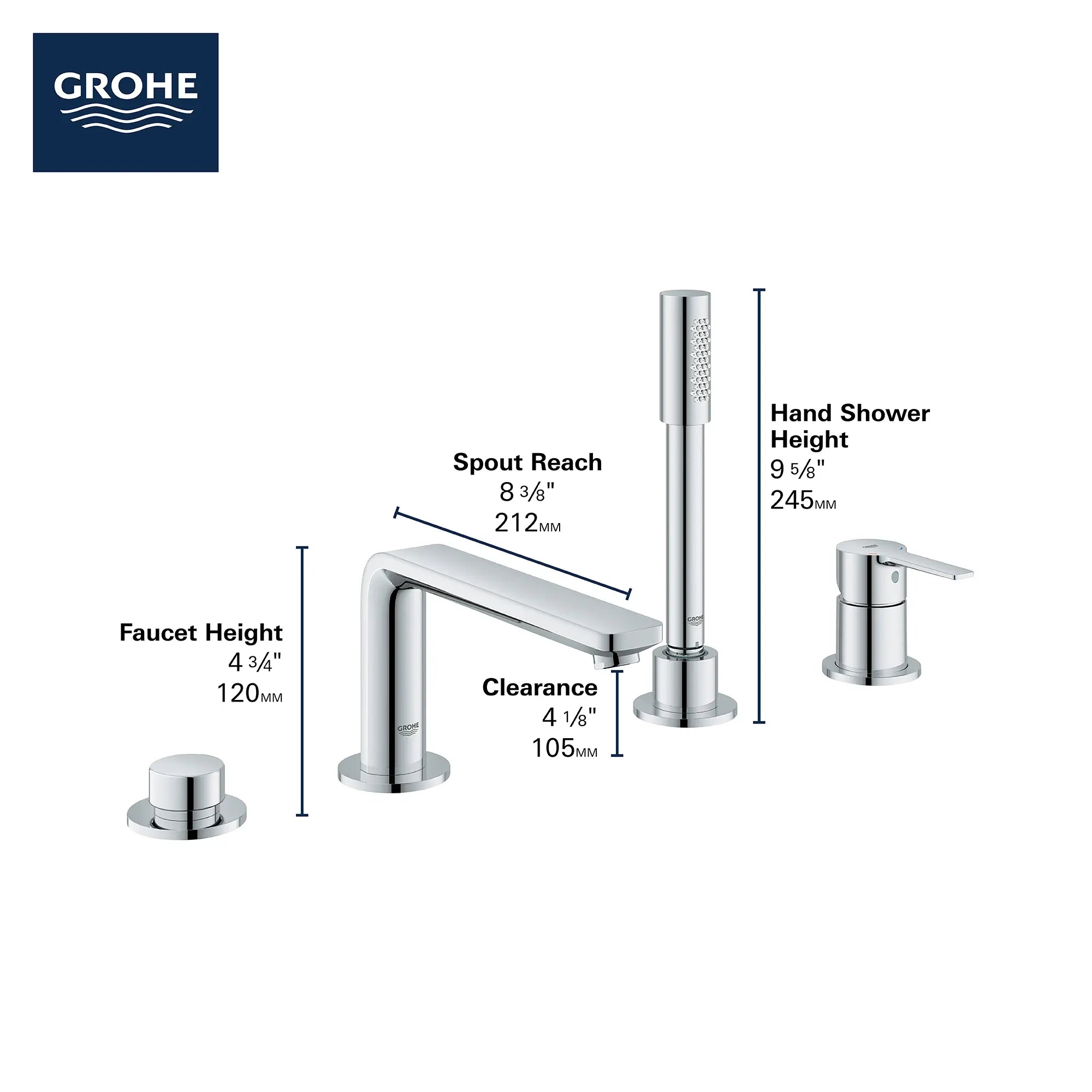 Robinet de baignoire romaine, 4 trous, à poignée simple, à montage sur tablier avec douchette 6,6 L/min (1,75 gpm) // CHROME STARLIGHT GROHE // 68979_2019_GROHE_Lineare_19577001_Infographic_1_0_CDNwebp.webp