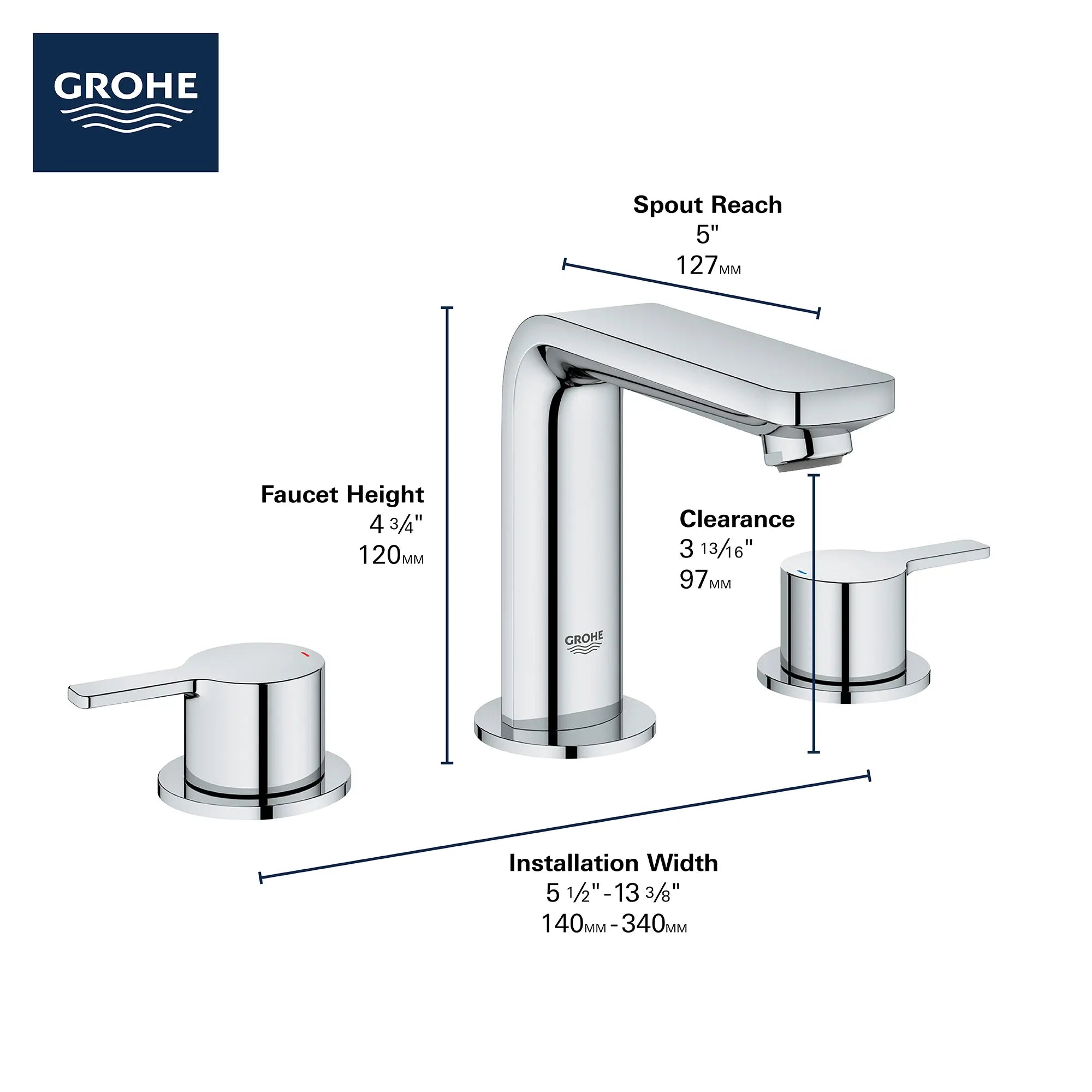 Lineare Robinet de salle de bains à deux poignées espacées de 8 po, taille M, 4,5 L/min (1,2 gpm) // CHROME STARLIGHT GROHE // 68982_2019_GROHE_Lineare_2057800A_Infographic_1_0_CDNwebp.webp