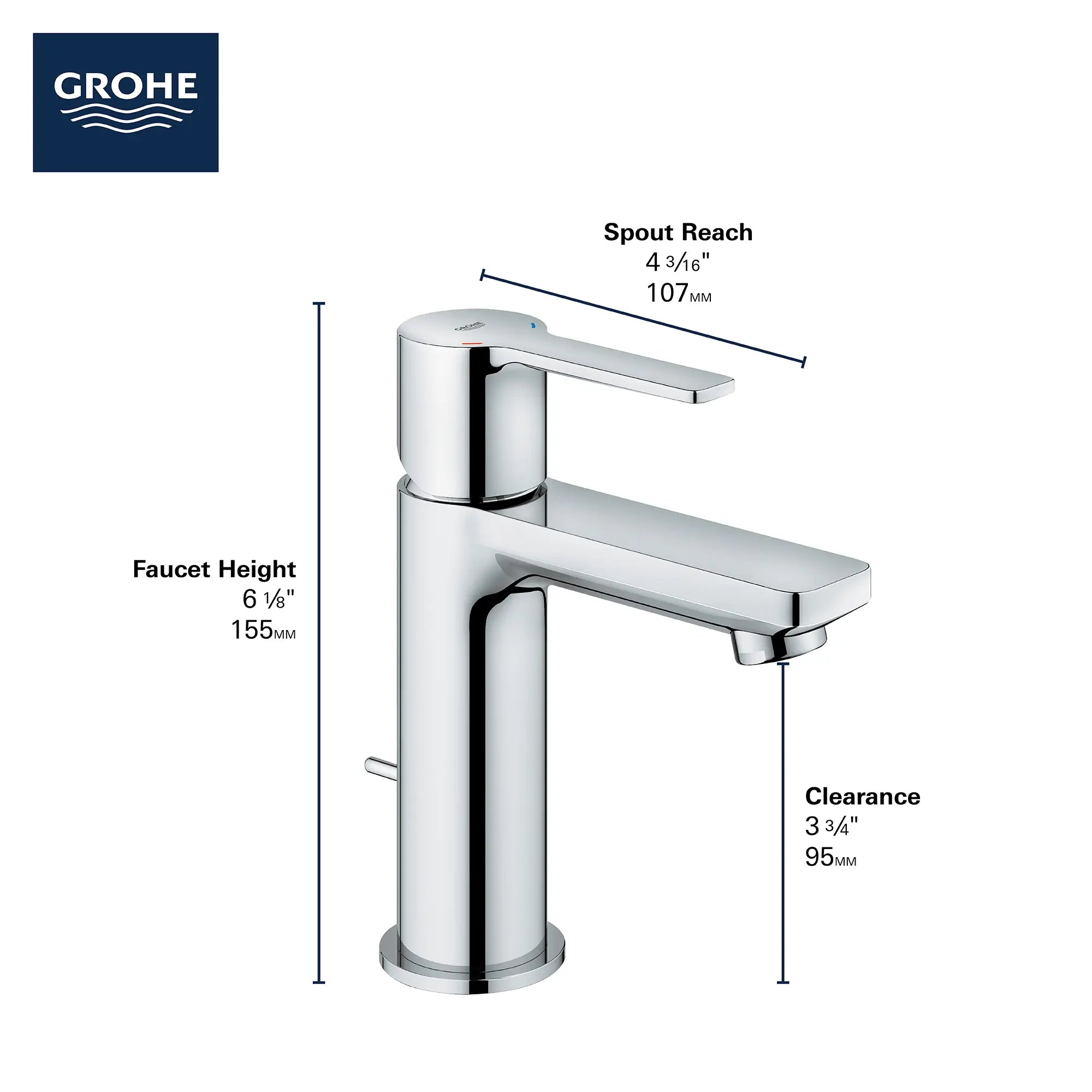 Robinet monotrou pour salle de bain, à poignée simple, taille TP, 4,5 L/min (1,2 gpm) // CHROME STARLIGHT GROHE // 68987_2019_GROHE_Lineare_2382400A_Infographic_1_0_CDNwebp.webp