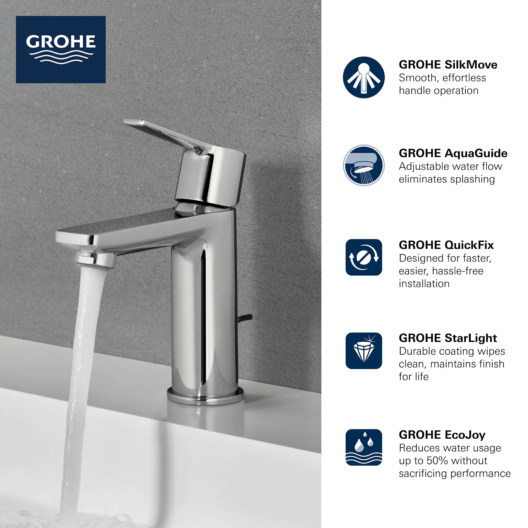 Robinet monotrou pour salle de bain, à poignée simple, taille TP, 4,5 L/min (1,2 gpm) // CHROME STARLIGHT GROHE // 68990_2019_GROHE_Lineare_2382400A_Infographic_0_CDNwebp.webp