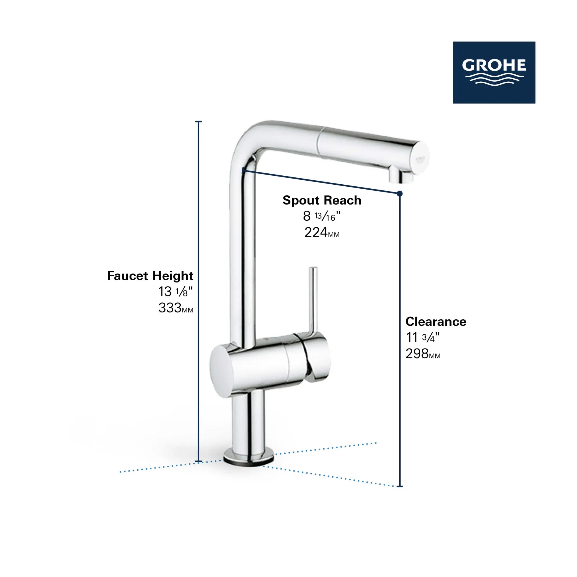 Robinet tactile à douchette rétractable, jet simple // CHROME STARLIGHT GROHE // 69009_GROHE_Minta_Kitchen_Faucet_30218_1_Infographics_2_0_CDNwebp.webp