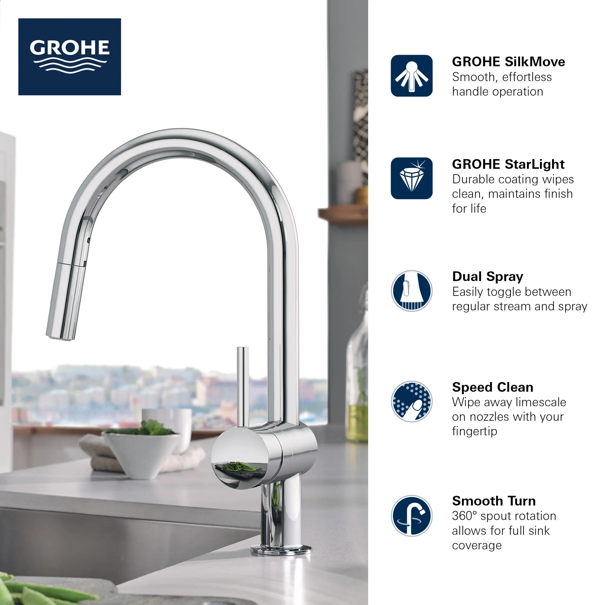 Robinet de cuisine rétractable à poignée simple et double jet 6,6 L/min (1,75 gpm) // CHROME STARLIGHT GROHE // 69015_GROHE_Minta_Kitchen_Faucet_31378_Info_1_0_CDNwebp.webp