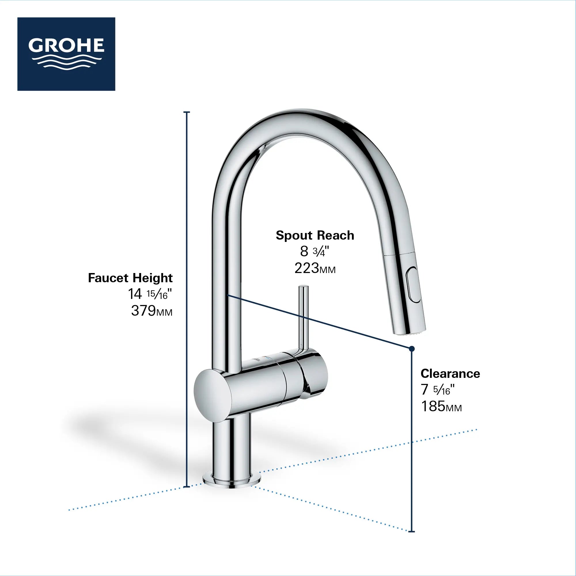 Robinet de cuisine rétractable à poignée simple et double jet 6,6 L/min (1,75 gpm) // CHROME STARLIGHT GROHE // 69018_GROHE_Minta_Kitchen_Faucet_31378_Info_2_0_CDNwebp.webp