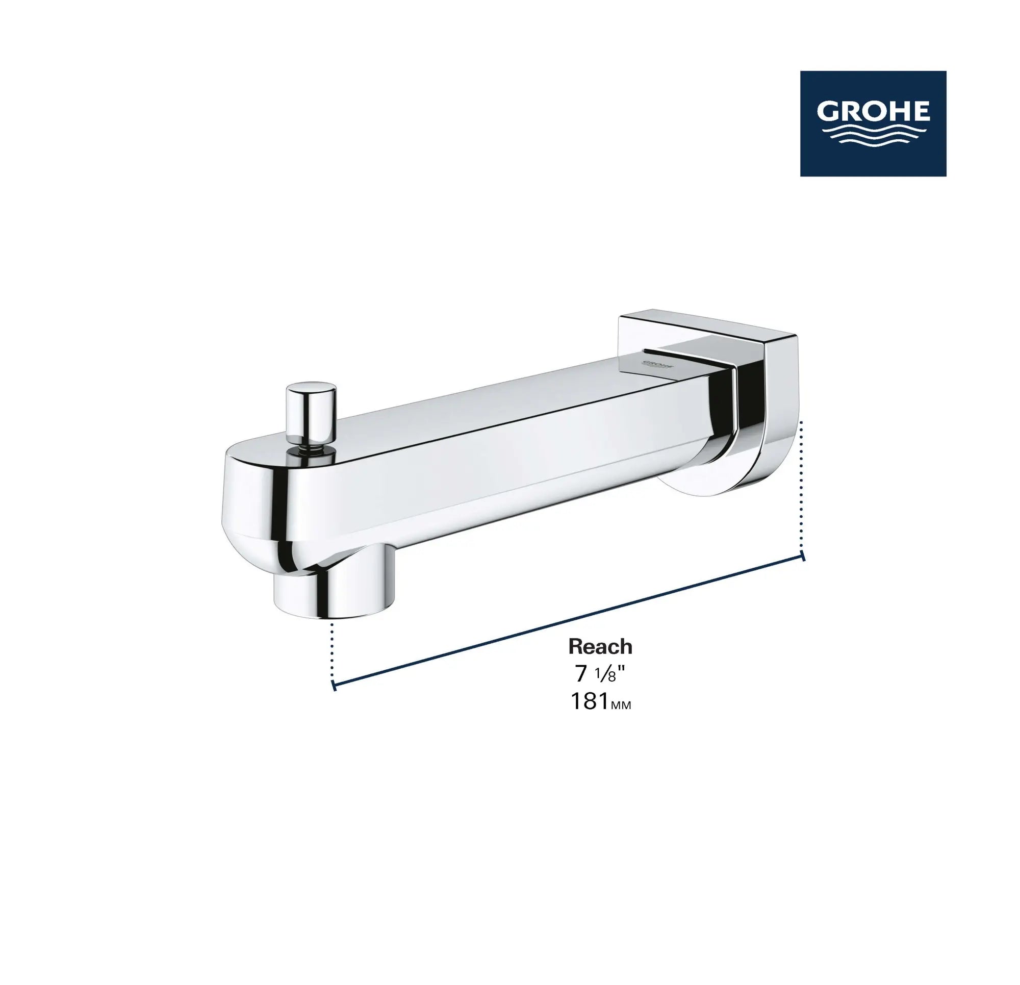 Plus Bec de baignoire avec inverseur de 7 1?8 po // CHROME STARLIGHT GROHE // 69034_GROHE_Plus_Tub_Spout_Dimensional_13407_3_Infographics_1_0_CDNwebp.webp