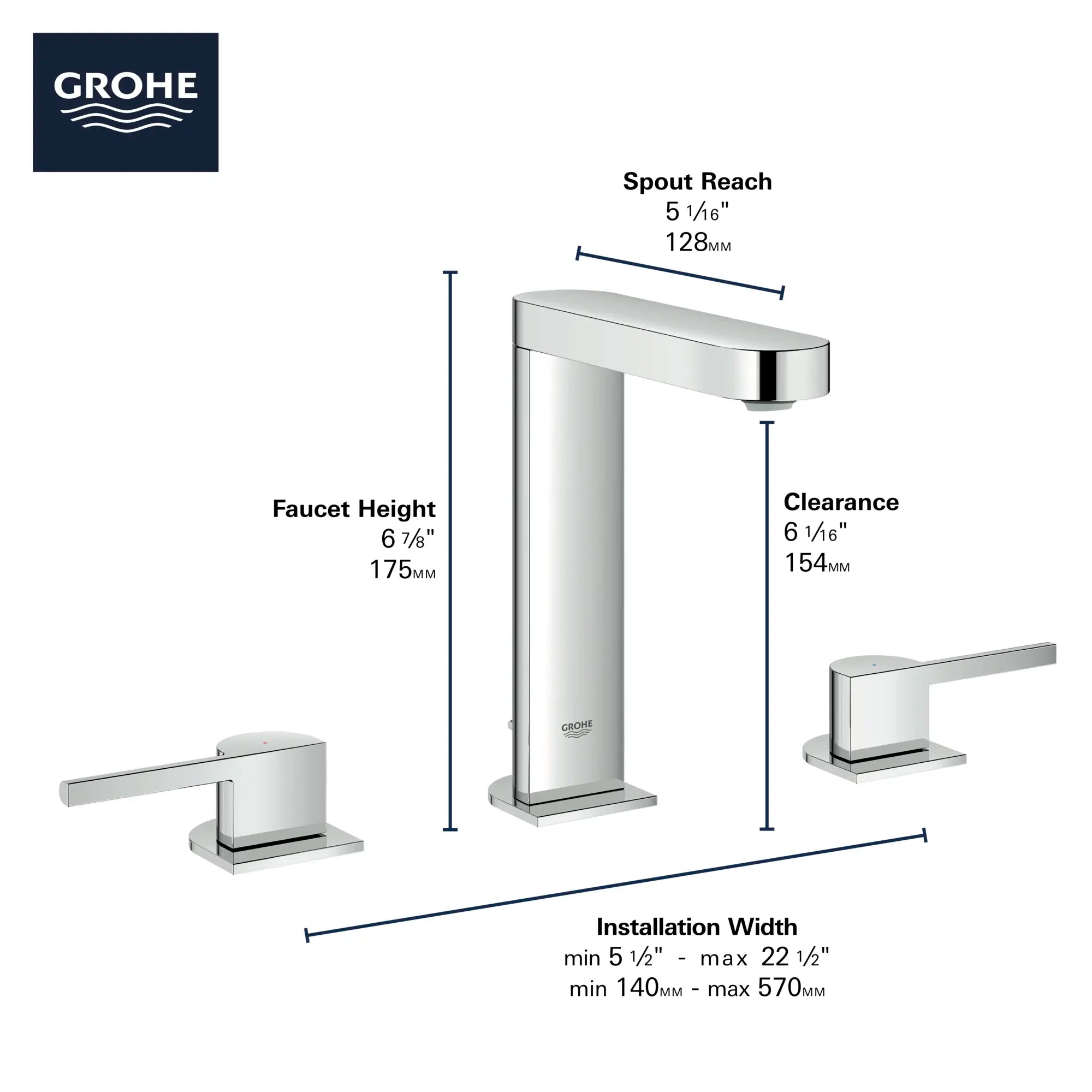 Plus Robinet de salle de bains à deux poignées espacées de 8 po, taille G, 4,5 L/min (1,2 gpm) // CHROME STARLIGHT GROHE // 69035_GROHE_Plus_Bath_20302003_Info_F2_0_CDNwebp.webp