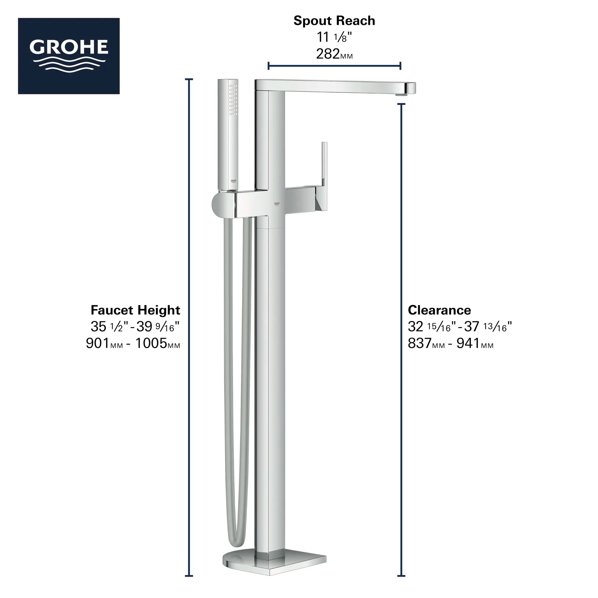 Robinet de baignoire autoportant à poignée simple avec douchette à 6,6 L/min (1,75 gpm) // CHROME STARLIGHT GROHE // 69038_GROHE_Plus_Bath_23846003_Info_F2_0_CDNwebp.webp