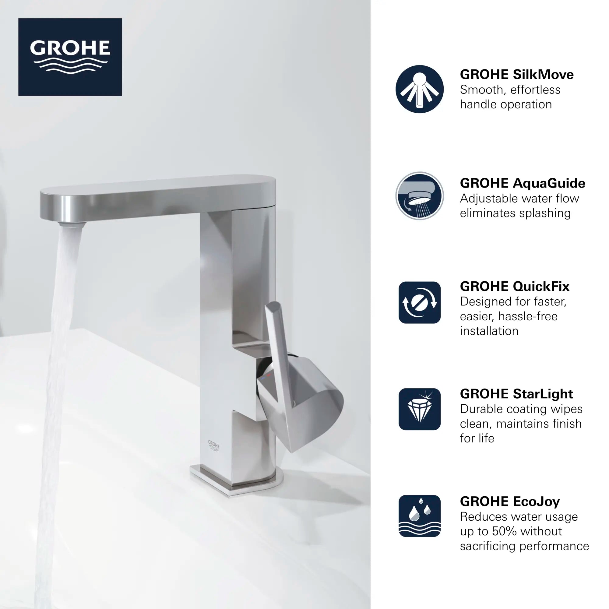 Robinet monotrou pour salle de bain, à poignée simple, taille M, 4,5 L/min (1,2 gpm) // CHROME STARLIGHT GROHE // 69039_GROHE_Plus_Bath_23956003_Info_F1_0_CDNwebp.webp