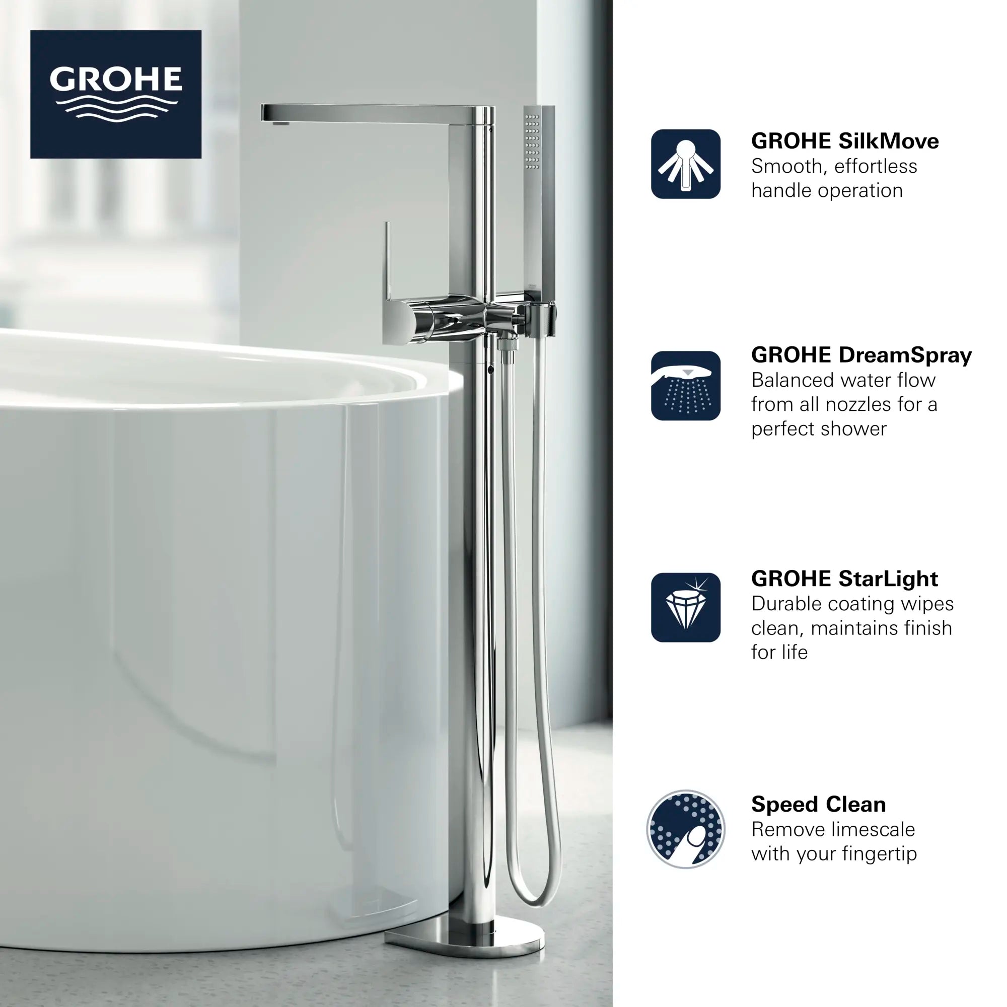 Robinet de baignoire autoportant à poignée simple avec douchette à 6,6 L/min (1,75 gpm) // CHROME STARLIGHT GROHE // 69040_GROHE_Plus_Bath_23846003_Info_F1_0_CDNwebp.webp