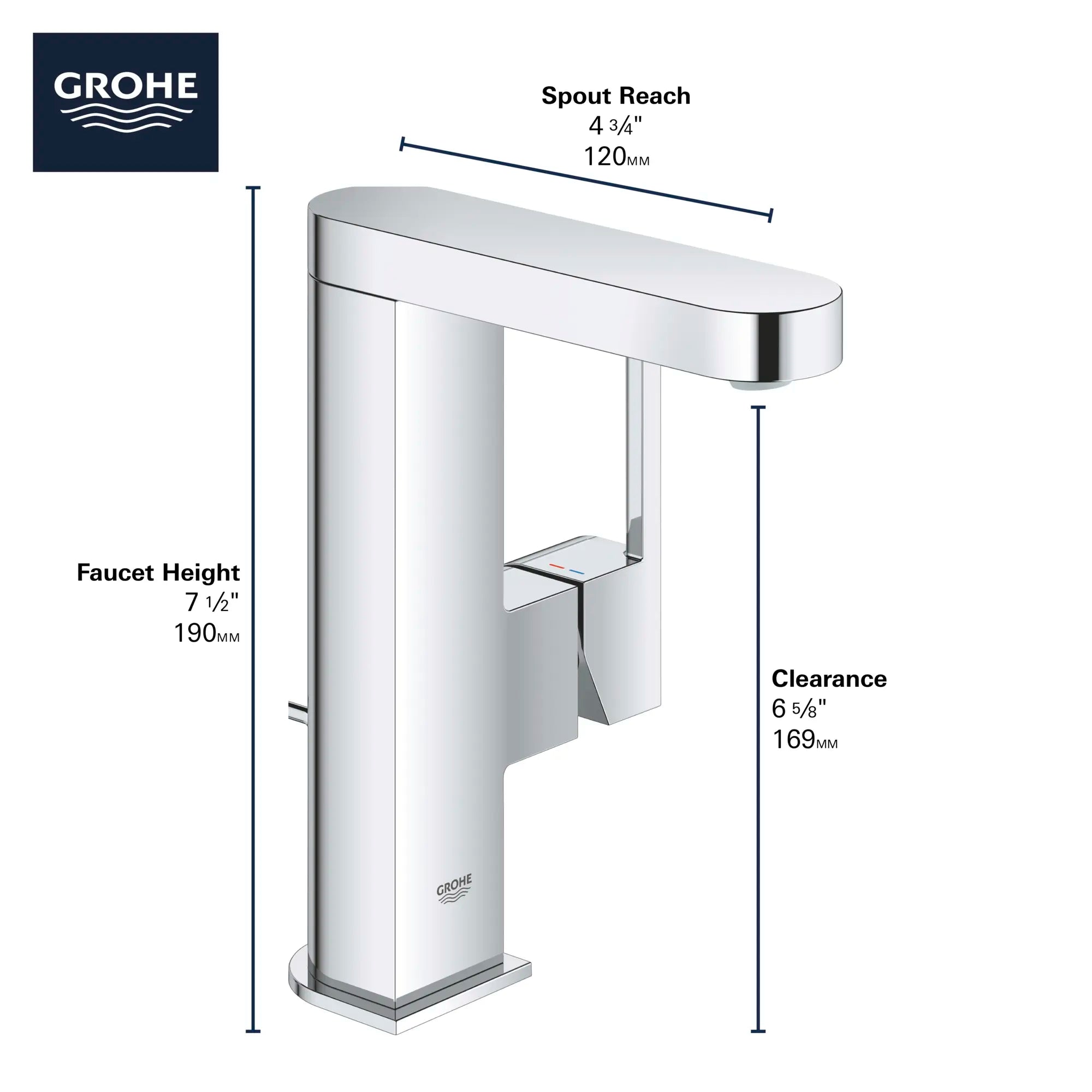 Robinet monotrou pour salle de bain, à poignée simple, taille M, 4,5 L/min (1,2 gpm) // CHROME STARLIGHT GROHE // 69042_GROHE_Plus_Bath_23956003_Info_F2_0_CDNwebp.webp