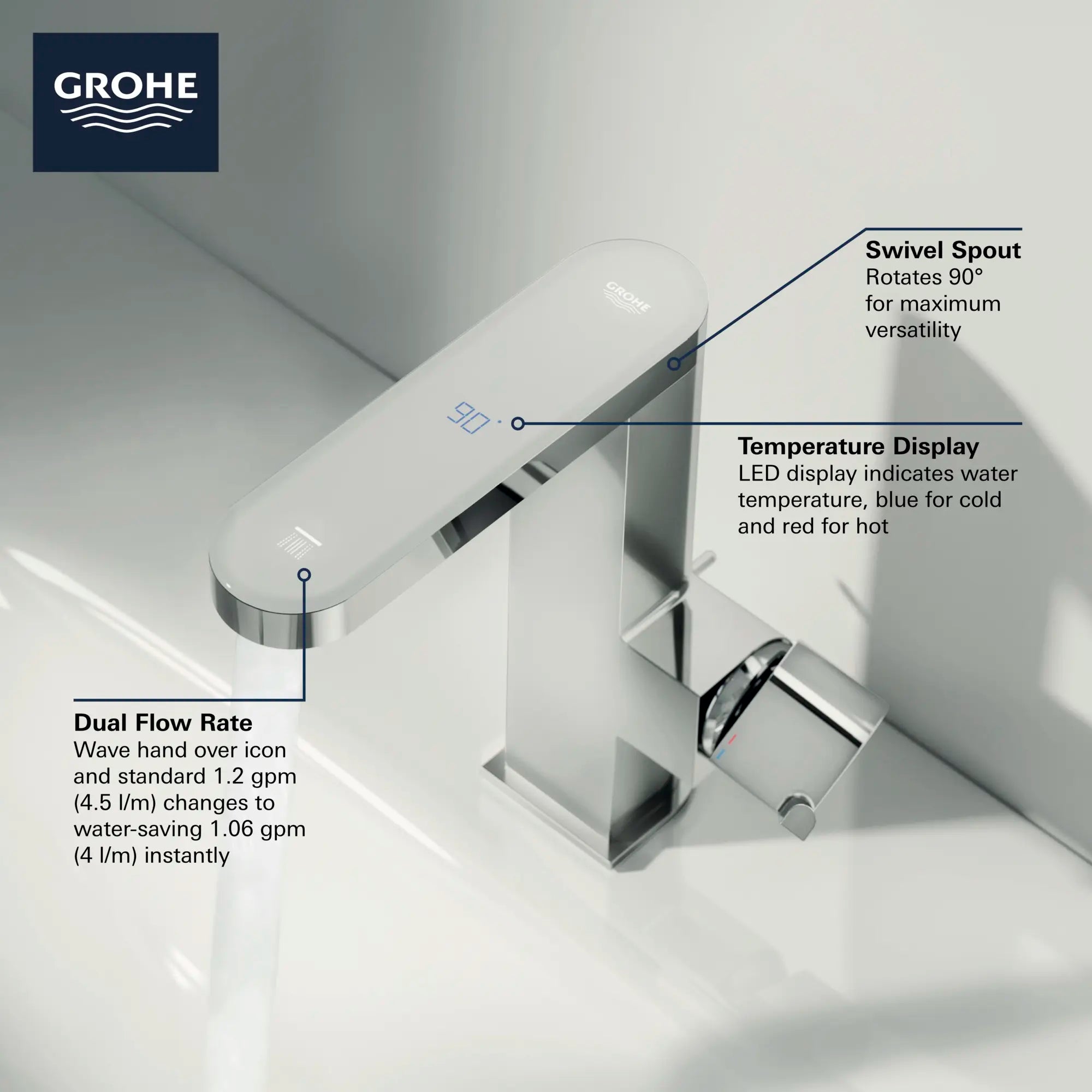Single-Handle Bathroom Faucet 1/2" with LED display, M-size // CHROME STARLIGHT GROHE // 69046_GROHE_Plus_Bath_23960003_Info_F1_0_CDNwebp.webp