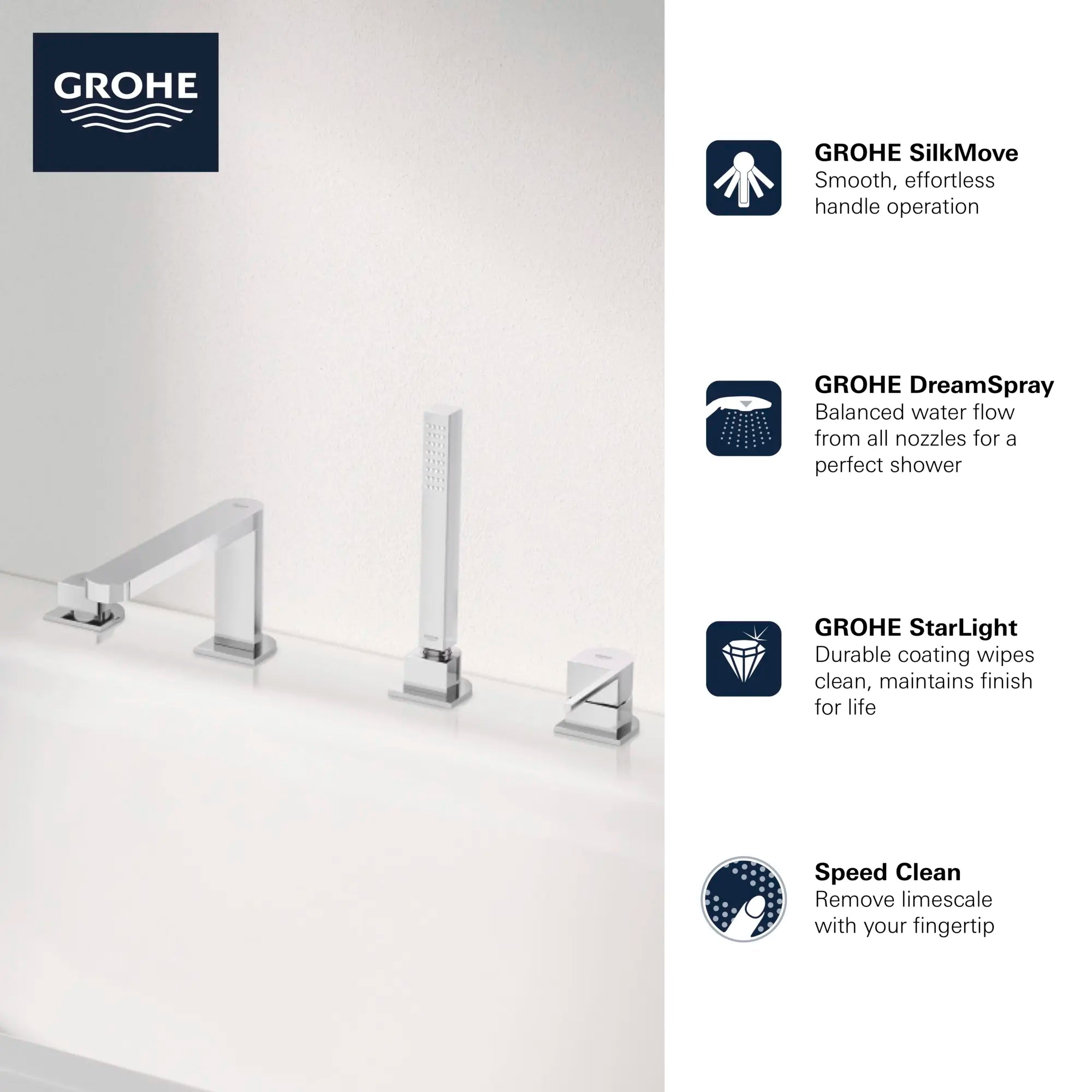 Plus Robinet de baignoire romaine, 4 trous, à poignée simple, à montage sur tablier avec douchette 6,6 L/min (1,75 gpm) // CHROME STARLIGHT GROHE // 69047_GROHE_Plus_Bath_29307003_Info_F1_0_CDNwebp.webp