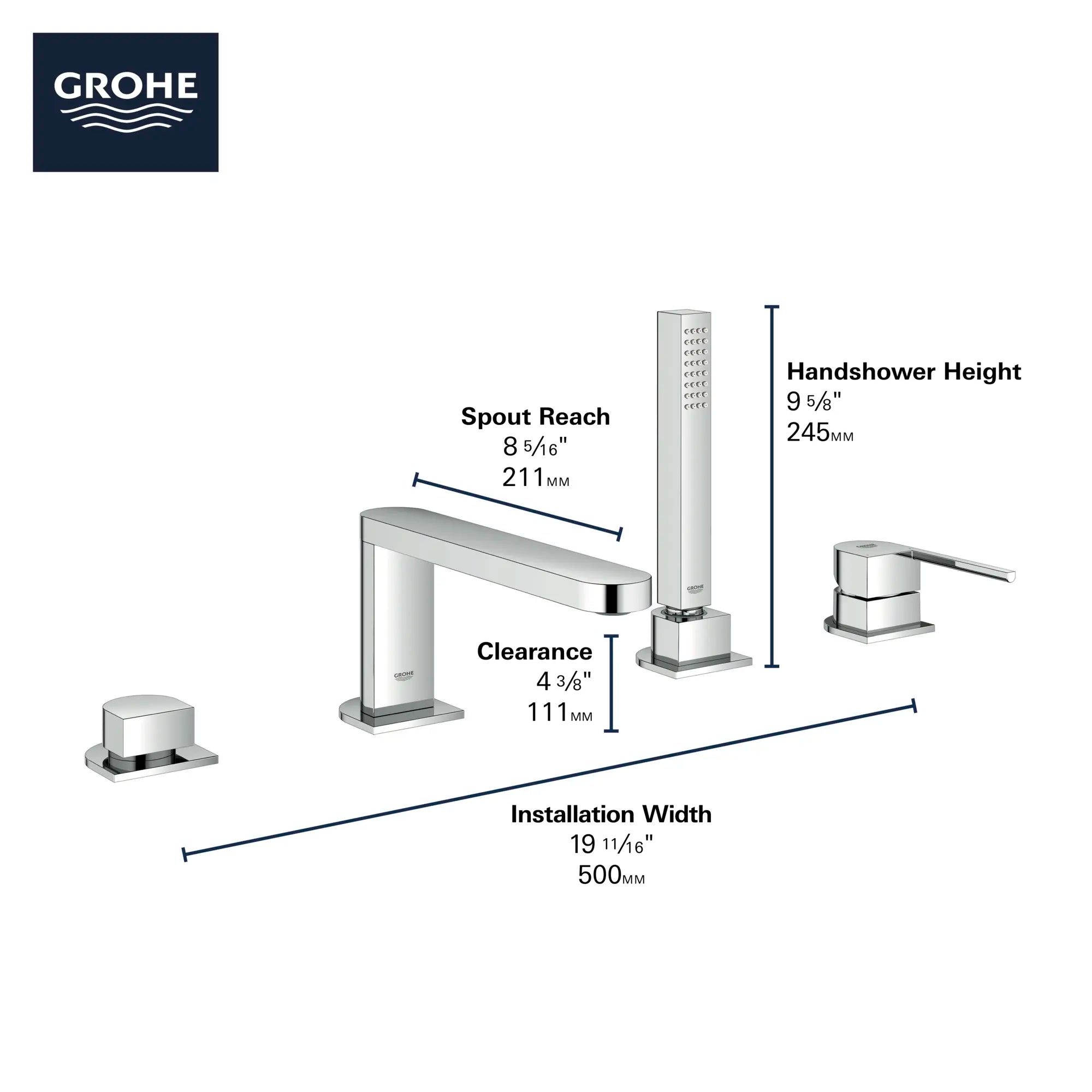 Plus Robinet de baignoire romaine, 4 trous, à poignée simple, à montage sur tablier avec douchette 6,6 L/min (1,75 gpm) // CHROME STARLIGHT GROHE // 69050_GROHE_Plus_Bath_29307003_Info_F2_0_CDNwebp.webp
