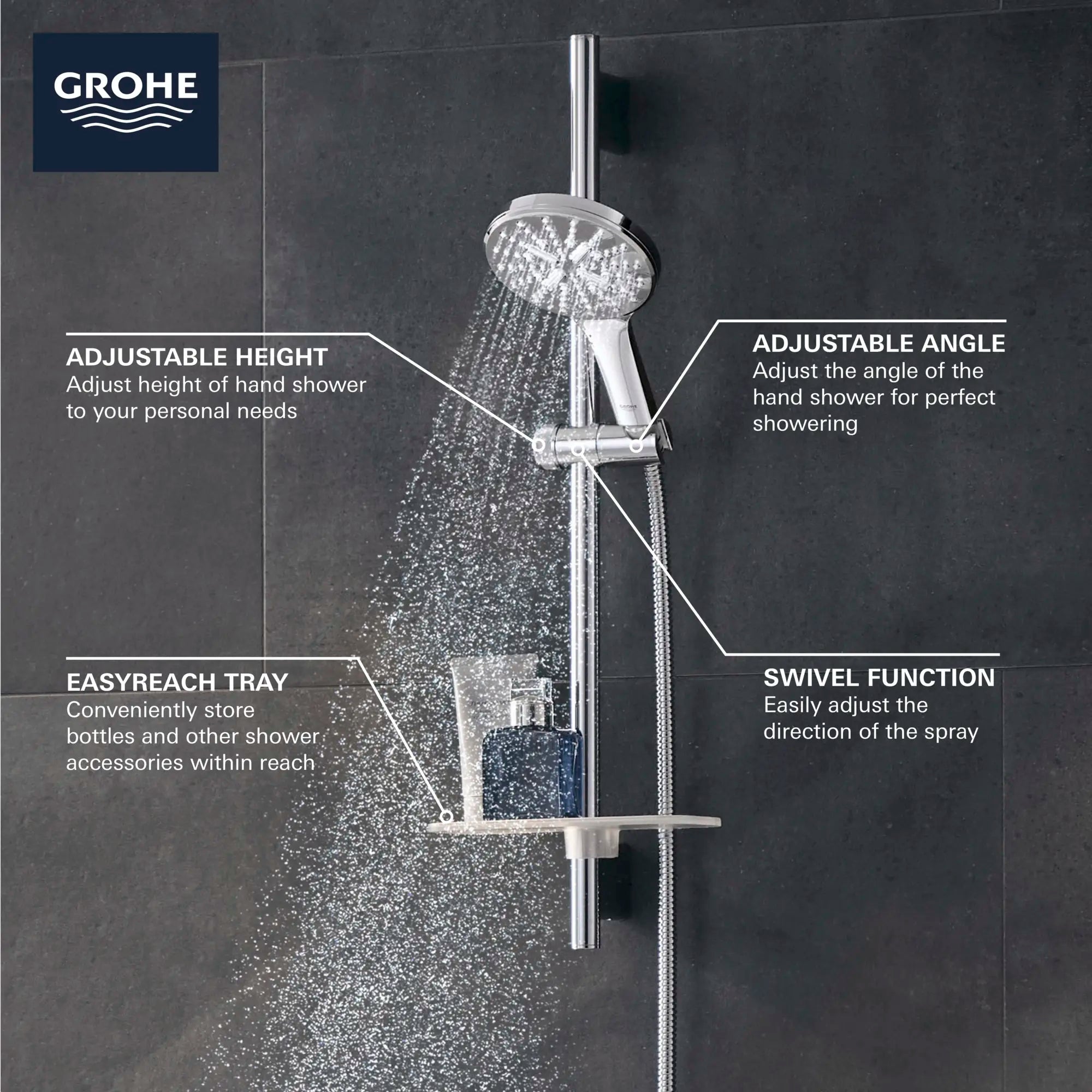 Rainshower SmartActive 130 Ensemble de barre coulissante de 24 po pour douchette - 3 jets, 6,6 L/min (1,75 gpm) // CHROME STARLIGHT GROHE // 69110_GROHE_Info_SmartActive_HandShower_26547_F2_0_CDNwebp.webp
