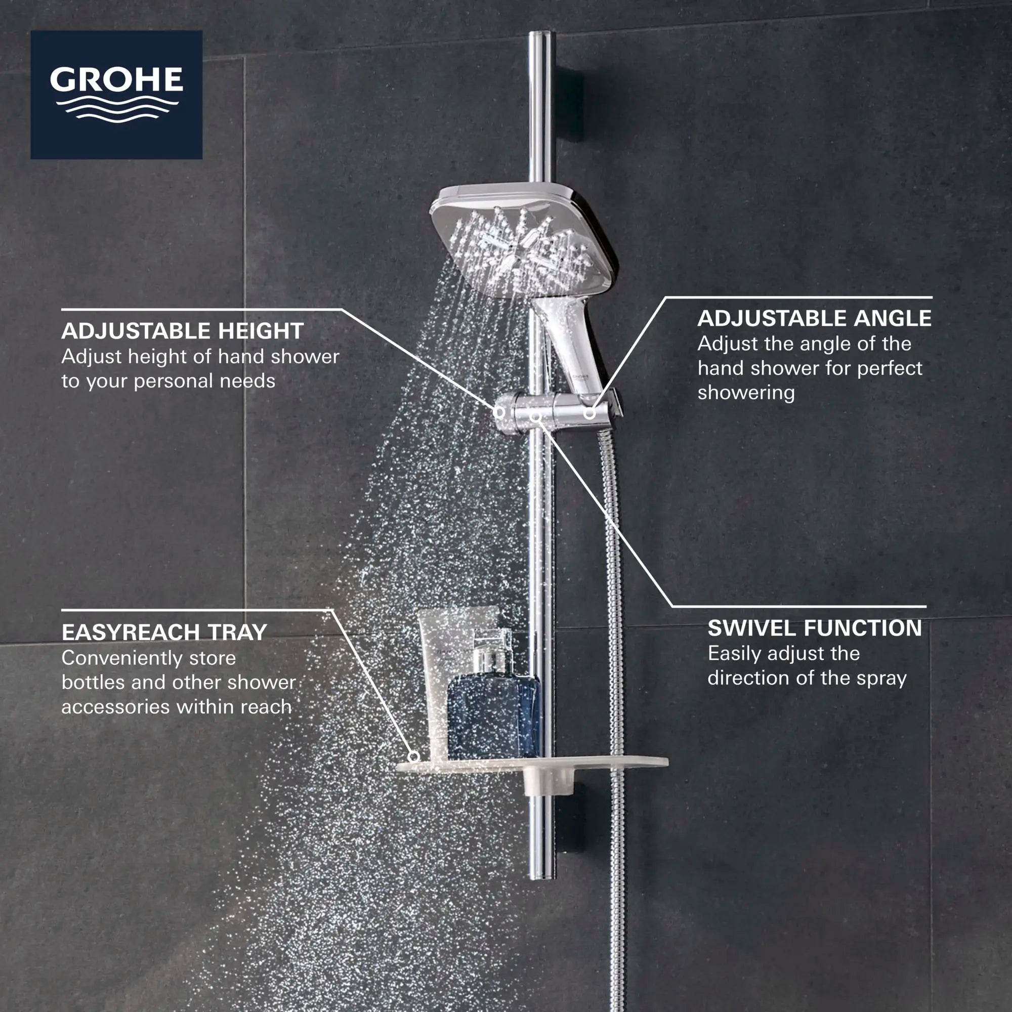 Rainshower SmartActive 130 Ensemble de barre coulissante de 24 po pour douchette - 3 jets, 6,6 L/min (1,75 gpm) // CHROME STARLIGHT GROHE // 69115_GROHE_Info_SmartActive_HandShower_26585_F2_0_CDNwebp.webp