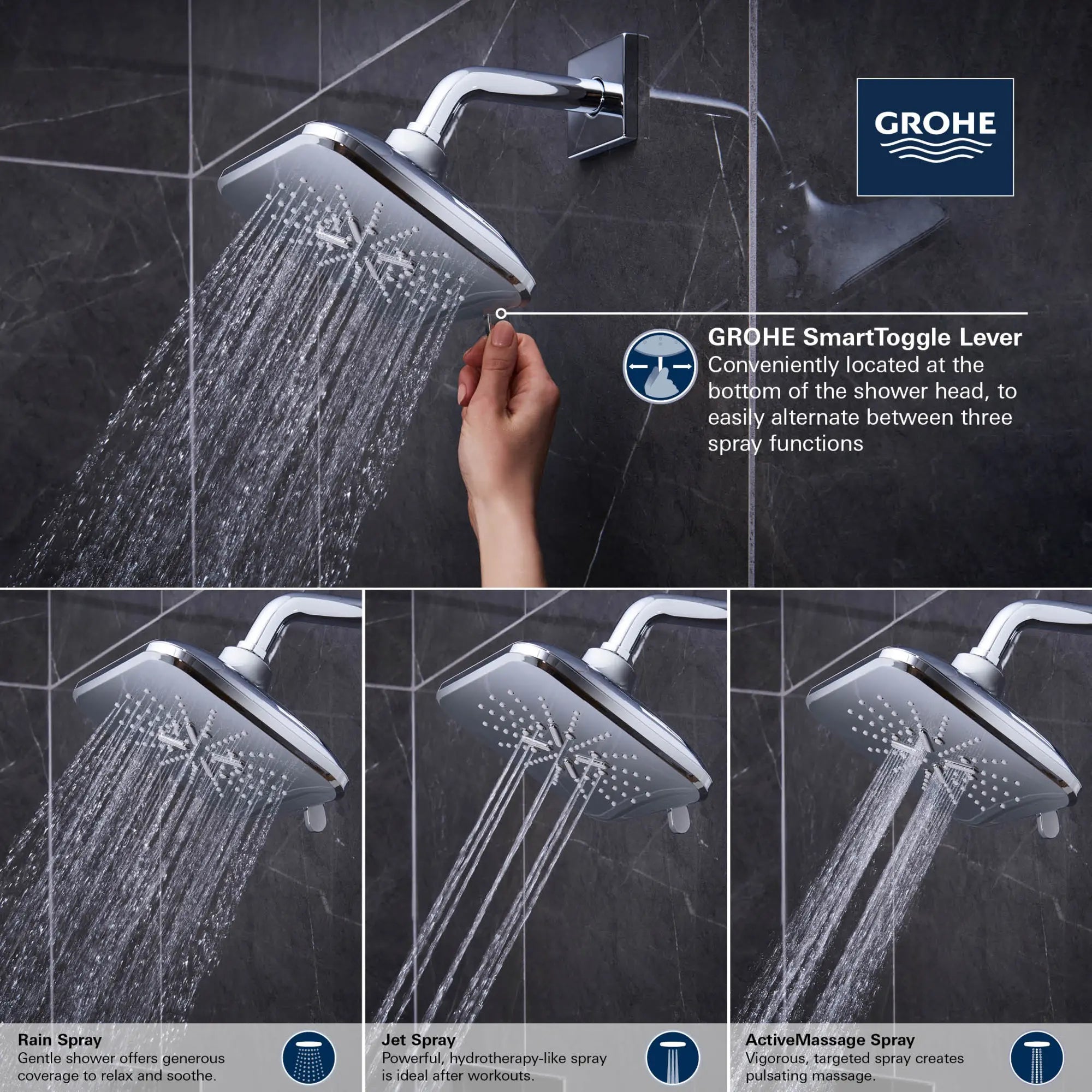 Pomme de douche de  6½ po - 3 jets, 6,6 L/min (1,75 gpm) // CHROME STARLIGHT GROHE // 69132_GROHE_SmartActive_Square_ShowerHead_26797_0_Infographics_3_0_CDNwebp.webp