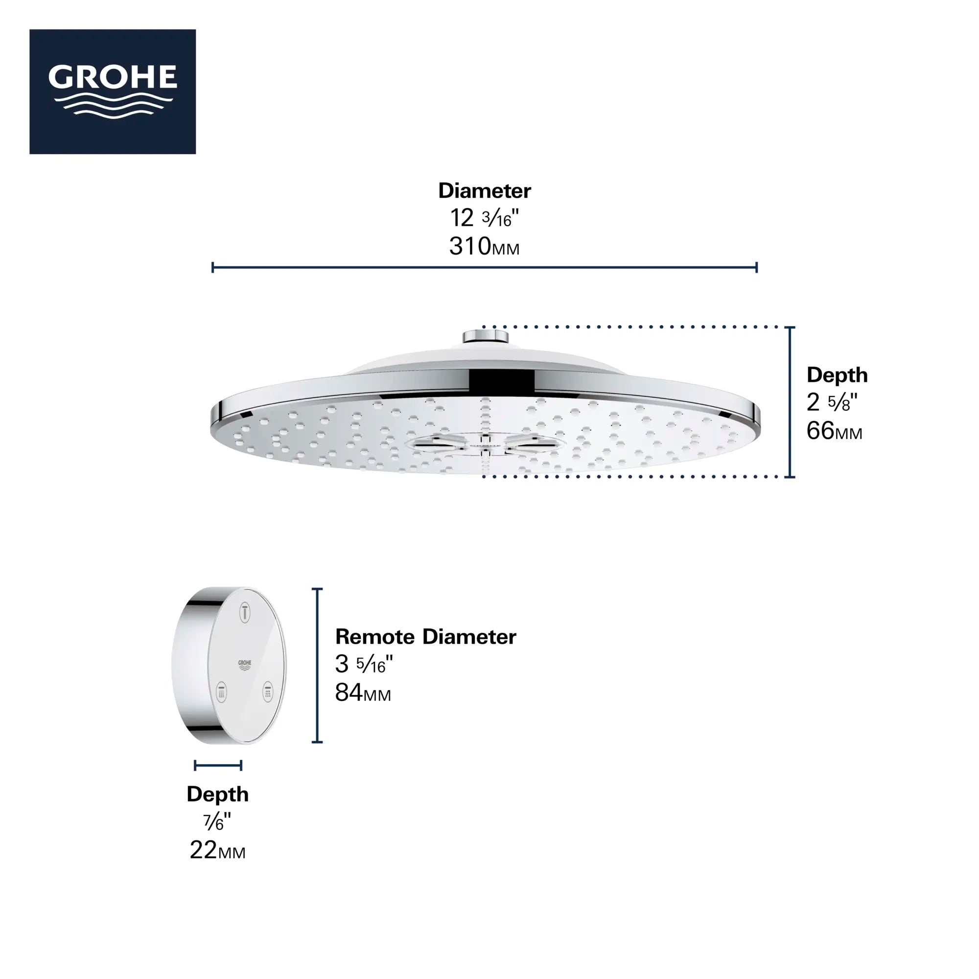 Pomme de douche avec télécommande, 12 po - 2 jets, 6,6 L/min (1,75 gpm) // CHROME STARLIGHT GROHE // 69134_GROHE_SmartConnect_Shower_26644000_Infographics_2_0_CDNwebp.webp