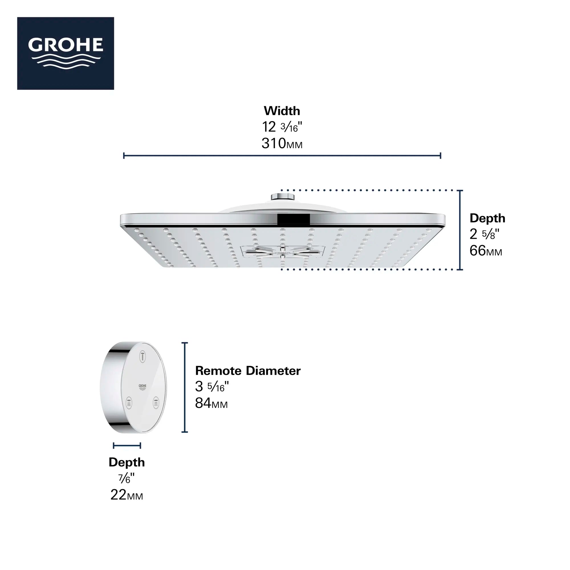 Pomme de douche avec télécommande, 12 po - 2 jets, 6,6 L/min (1,75 gpm) // CHROME STARLIGHT GROHE // 69143_GROHE_SmartConnect_Shower_26645000_Infographics_2_0_CDNwebp.webp