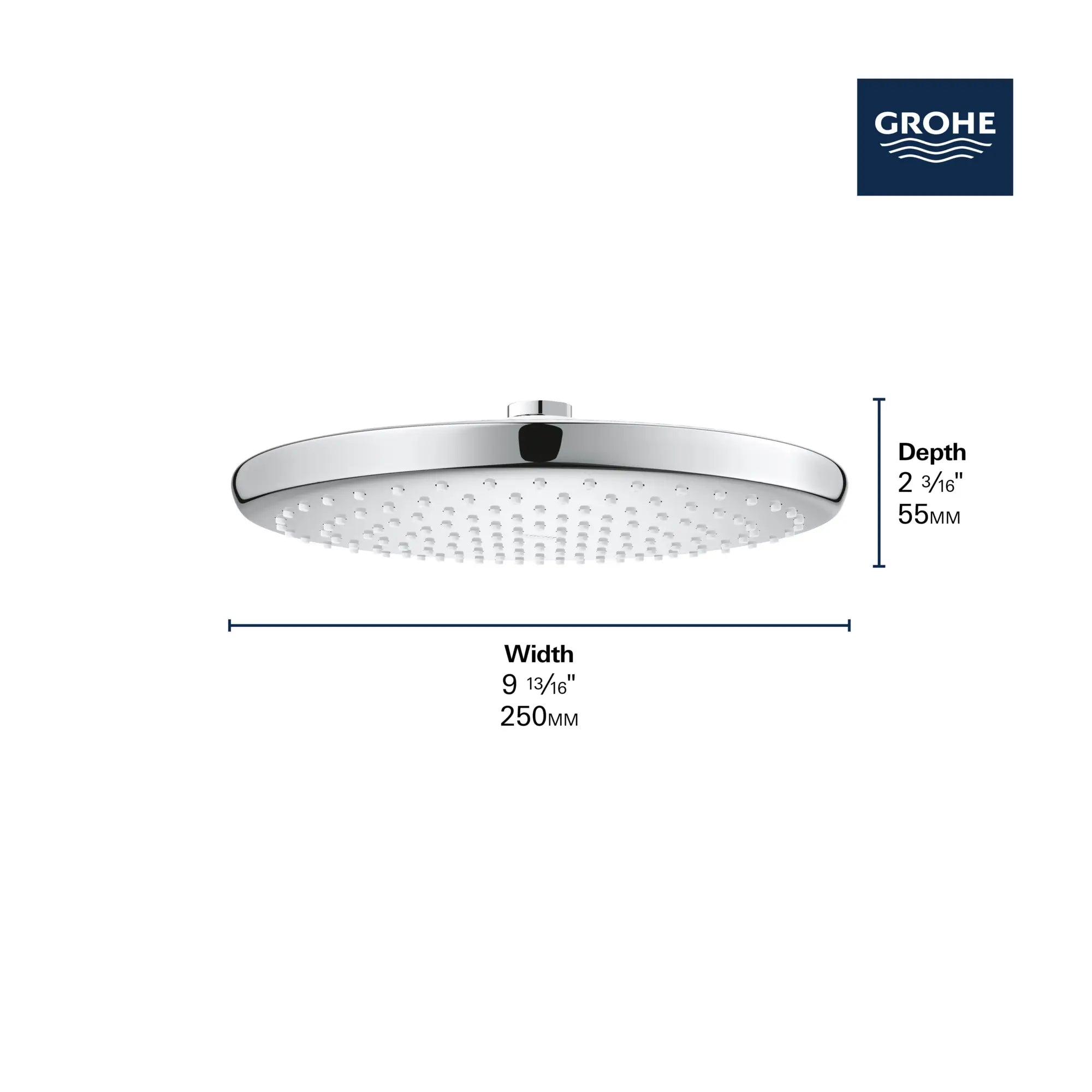 Pomme de douche à effet pluie 250, 9-7?8 po - 1 jet, 1,75 gpm // CHROME STARLIGHT GROHE // 69238_GROHE_Tempesta250_Round_26715_0_Infographics_2_0_CDNwebp.webp