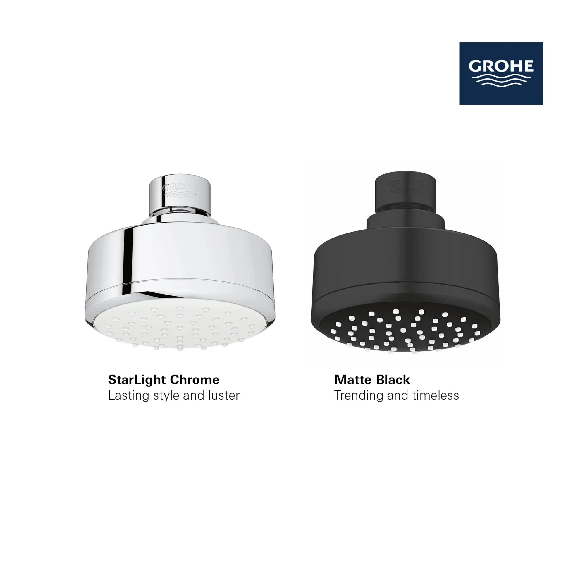 Pomme de douche à 1 mode de pulvérisation // CHROME STARLIGHT GROHE // 69250_GROHE_Matte_Black_Launch_FINISH_26051_1_Temp_Cosmopolitan_100_Shower_Head_1spray_Info_1_0_CDNwebp.webp