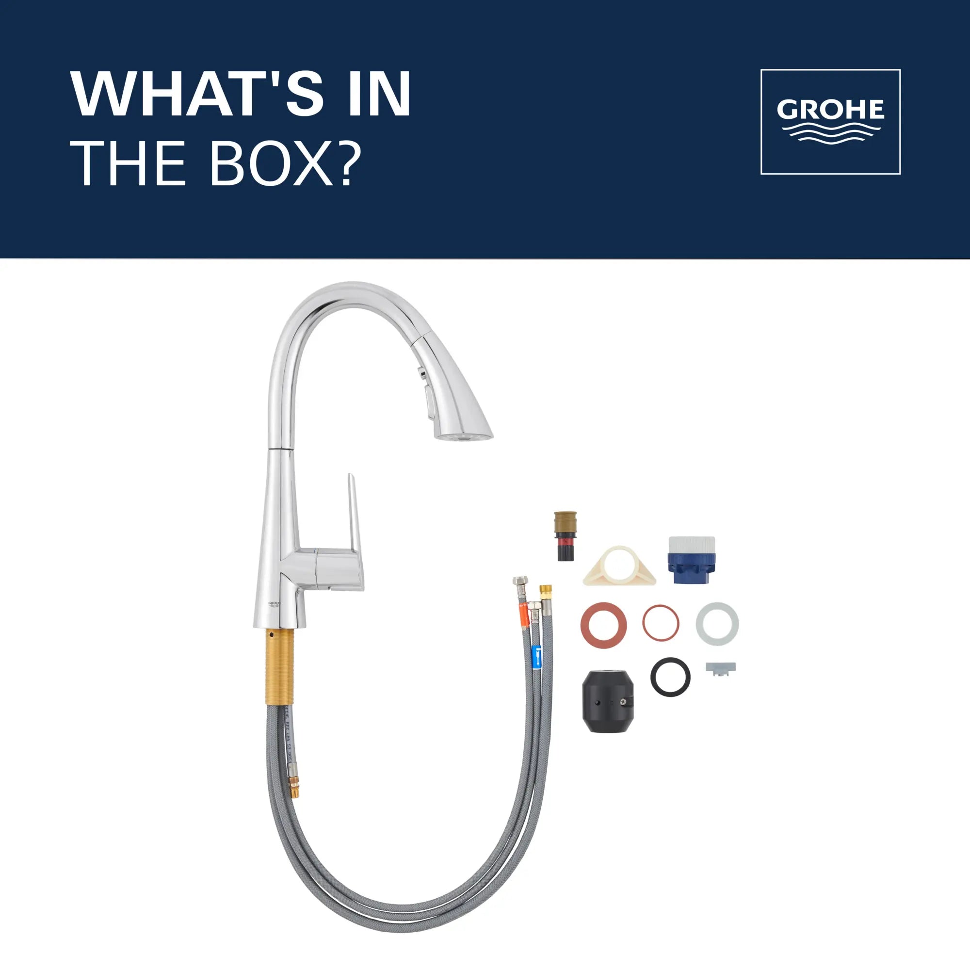 Robinet de bar rétractable à poignée simple et triple jet 6,6 L/min (1,75 gpm) // CHROME STARLIGHT GROHE // 69254_2021_GROHE_Zedra_WhatsintheBox_30368_2_Infographics_CDNwebp.webp