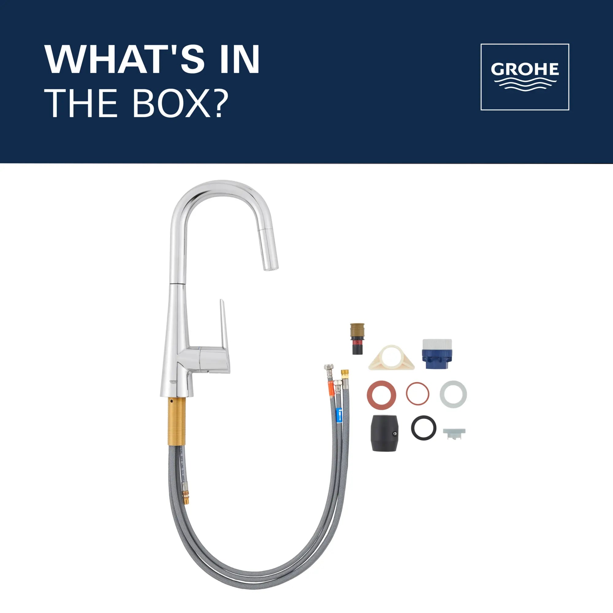 Robinet pour évier d'appoint, à poignée simple, tête de pulvérisation coulissante, à jet double 6,6 L/min (1,75 gpm) // CHROME STARLIGHT GROHE // 69263_2021_GROHE_Zedra_WhatsintheBox_32283_3__Infographics_CDNwebp.webp